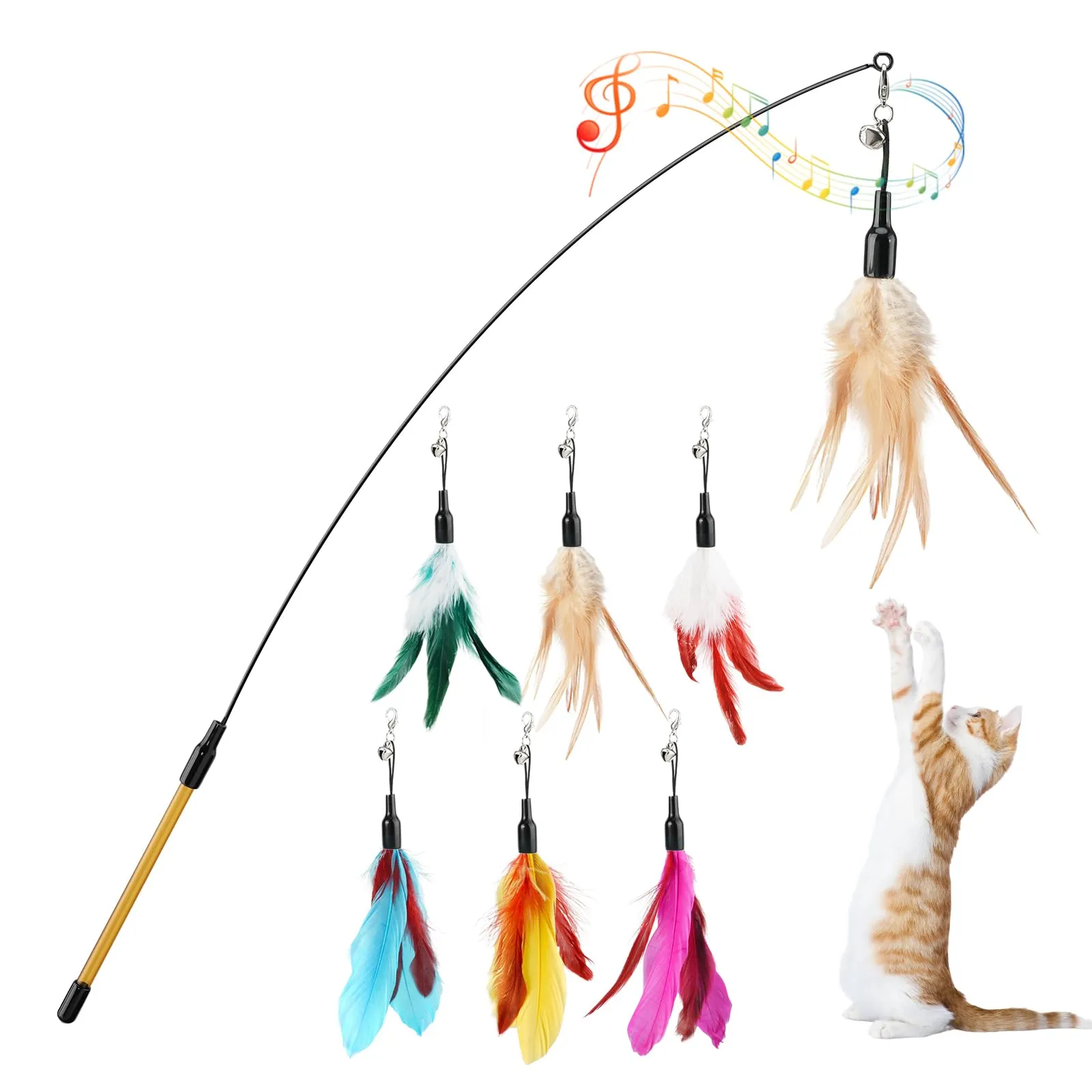 Pawaboo Giocattolo a bacchetta con 6 piume per gatti - immagine 1