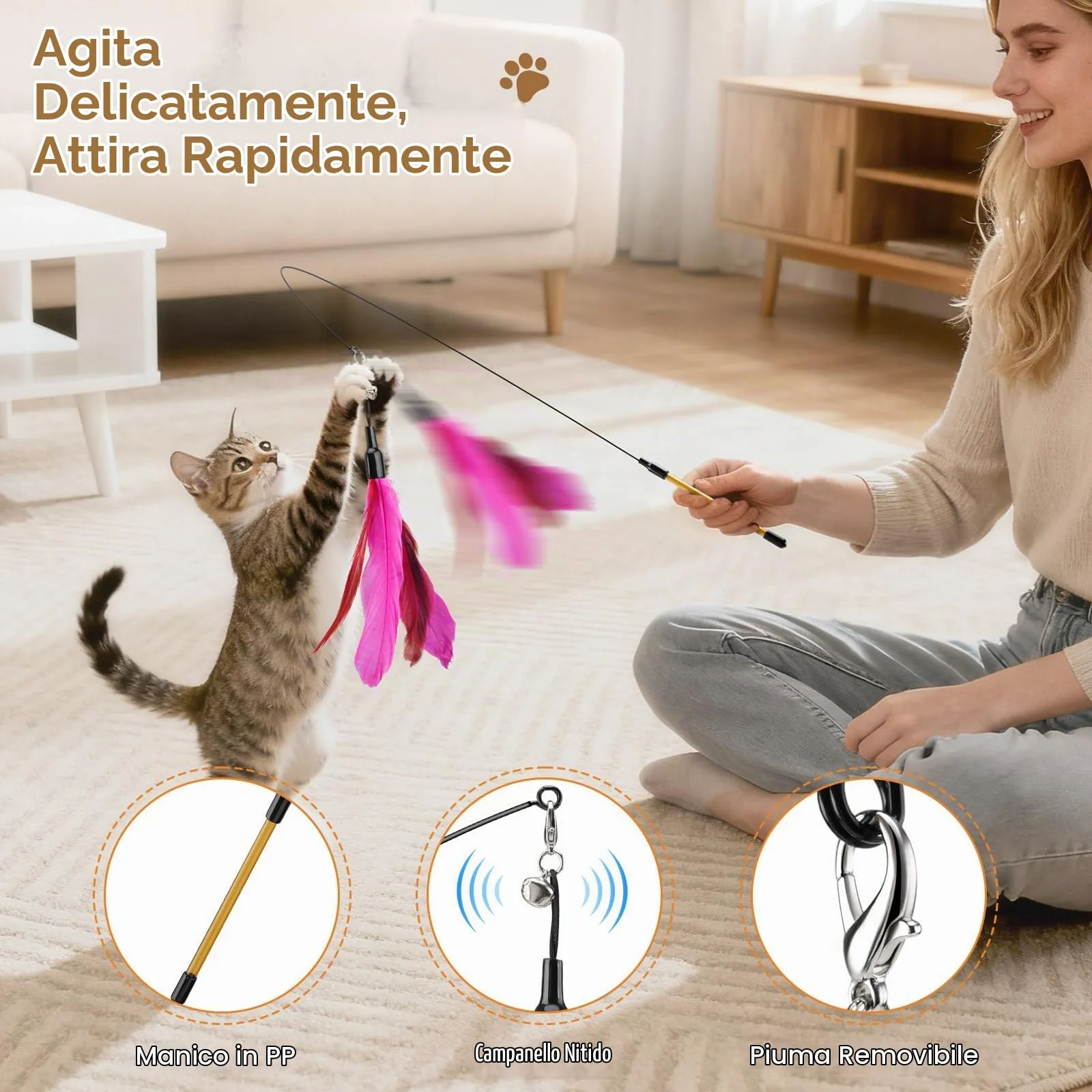 Pawaboo Giocattolo a bacchetta con 6 piume per gatti - immagine 4