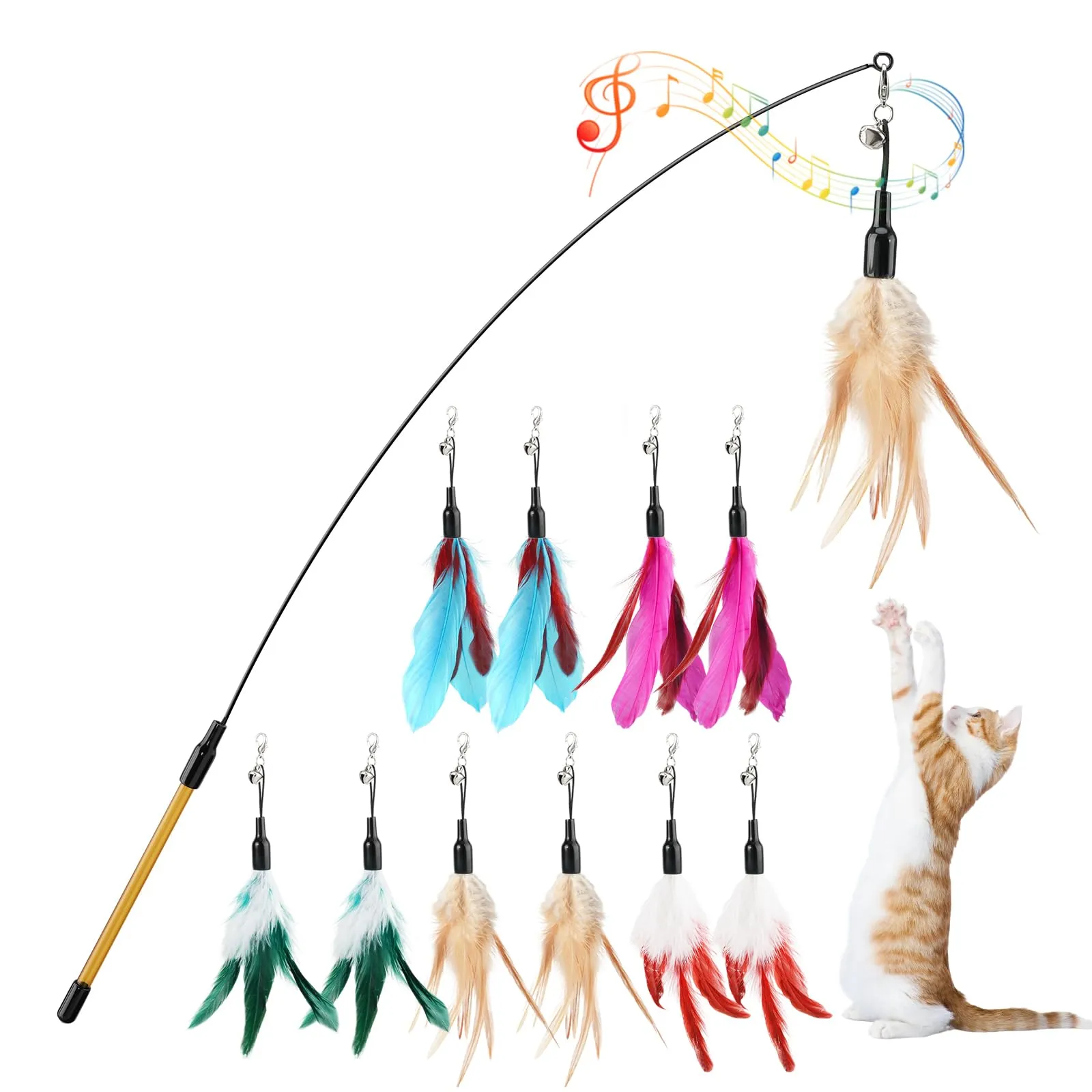 Pawaboo Giocattolo a bacchetta con piume per gatti, 10 piume + 1 bacchetta - immagine 1