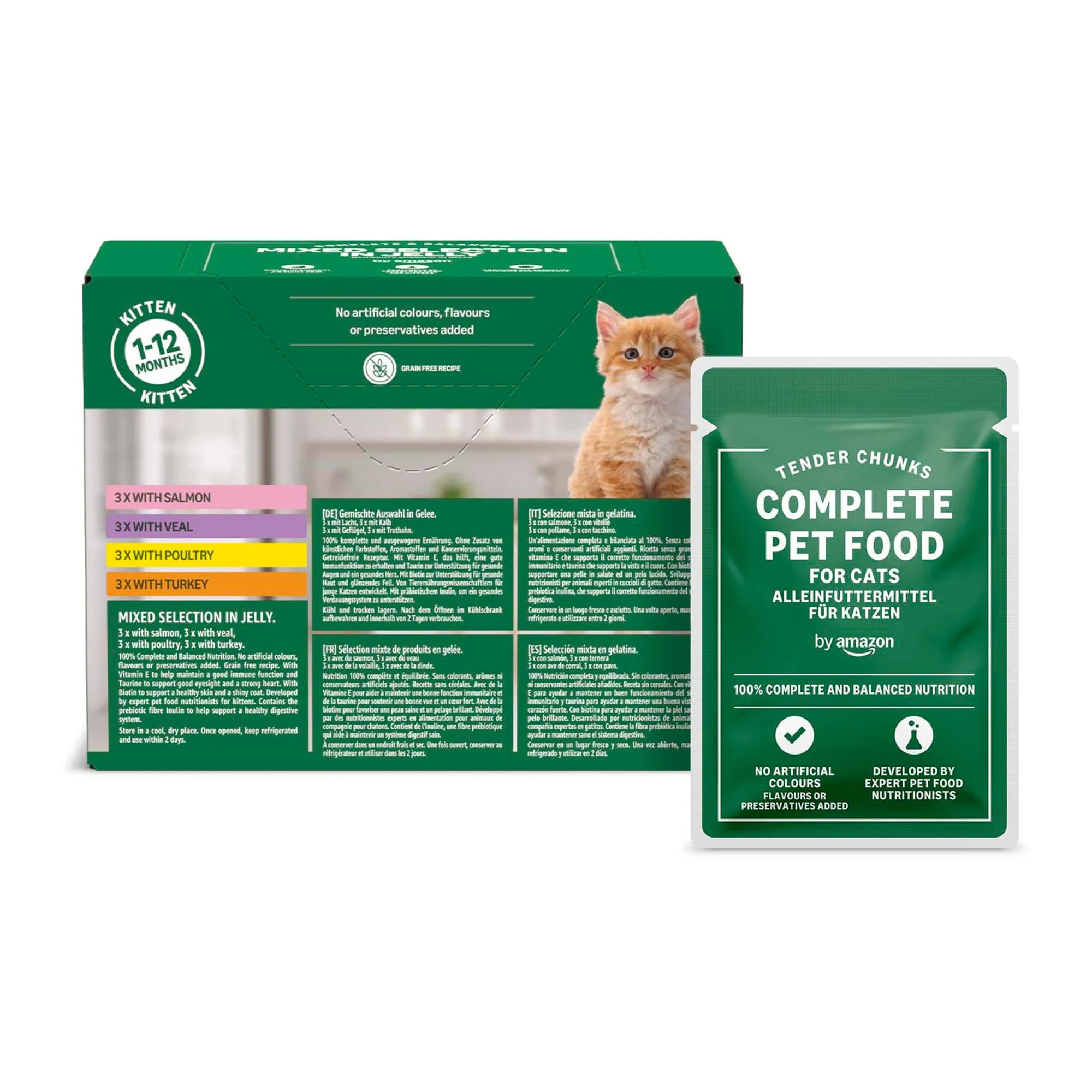 by Amazon Alimento completo per cuccioli di gatto, Selezione mista in gelatina, 1.2kg (12 sacchetti da 100g) - immagine 1