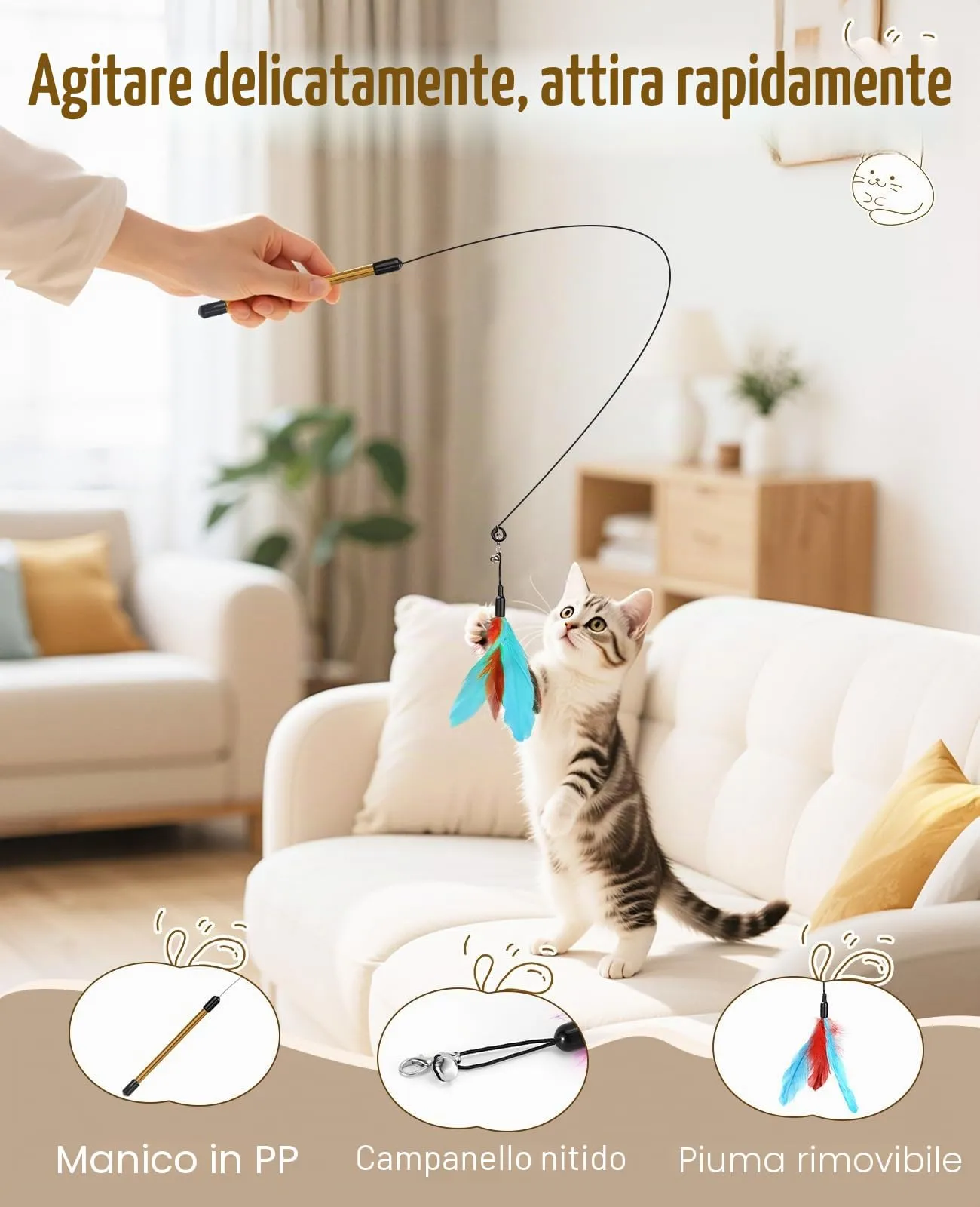 Pawaboo Bacchetta gioco con piume per gatti, 2 pezzi, 88 cm - immagine 3