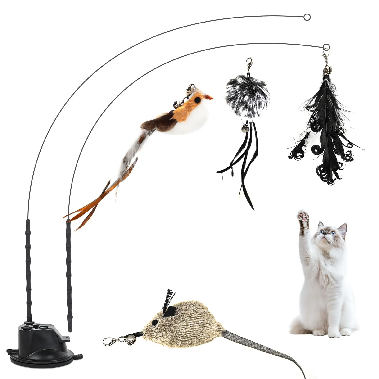 Romon Giochi per Gatti, Set 7 Pezzi Nero, Gioco Interattivo con Ventosa, Aste di Bambù e Accessori Piumati - immagine 1