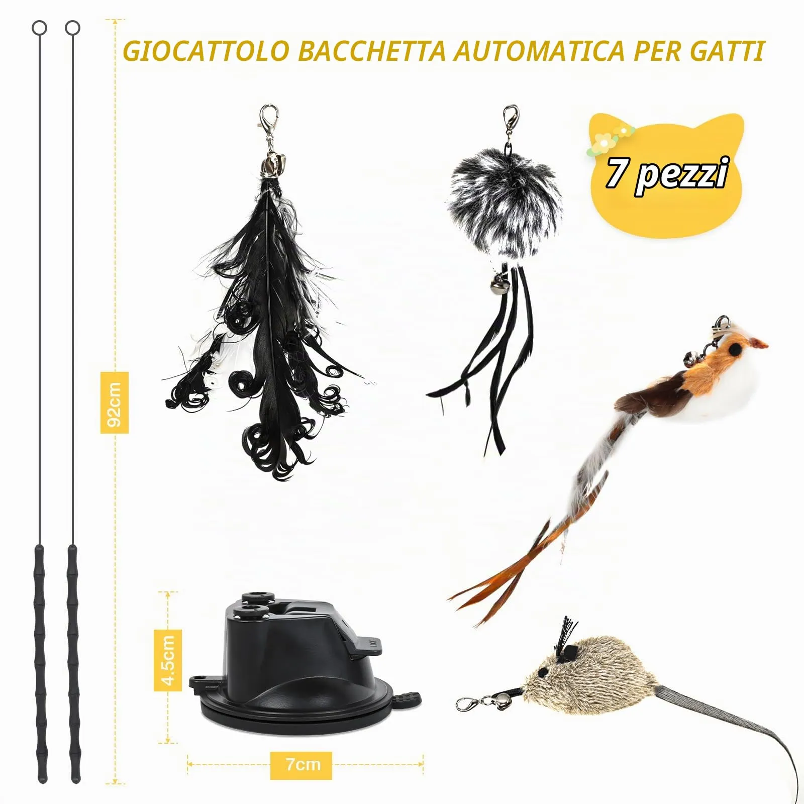 Romon Giochi per Gatti, Set 7 Pezzi Nero, Gioco Interattivo con Ventosa, Aste di Bambù e Accessori Piumati - immagine 2