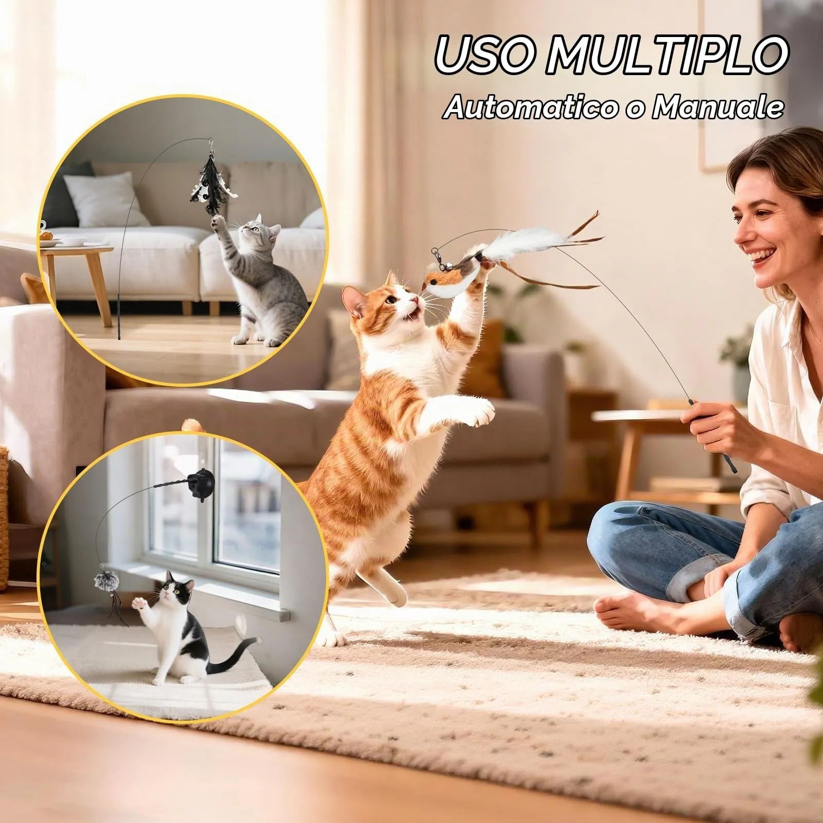 Romon Giochi per Gatti, Set 7 Pezzi Nero, Gioco Interattivo con Ventosa, Aste di Bambù e Accessori Piumati - immagine 5