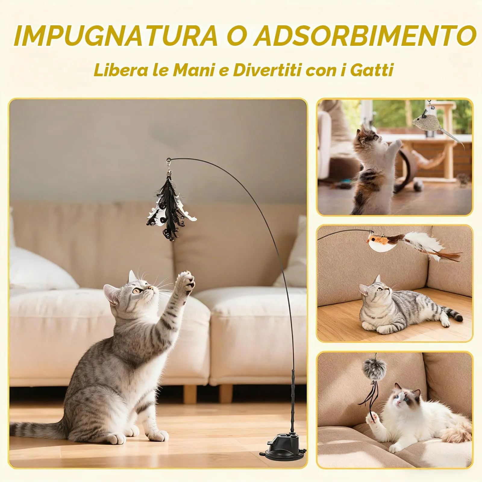 Romon Giochi per Gatti, Set 7 Pezzi Nero, Gioco Interattivo con Ventosa, Aste di Bambù e Accessori Piumati - immagine 6