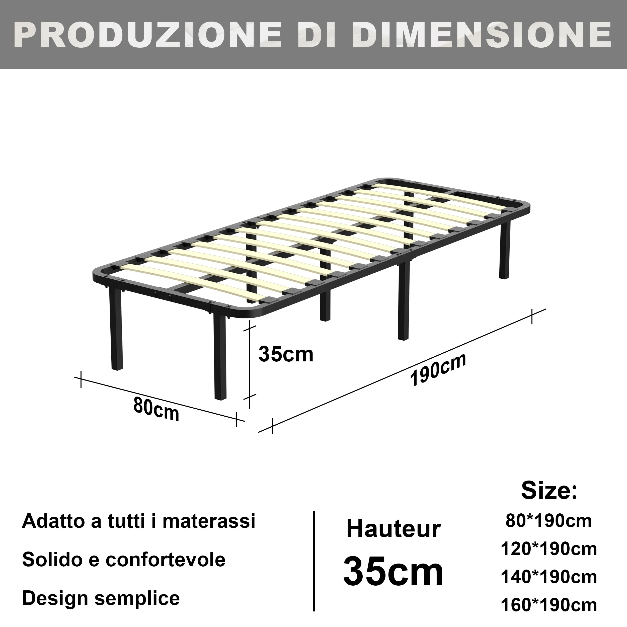 DEWINNER Rete Letto Singolo 80x190cm, Altezza 35 cm, 13 Doghe in Legno Pioppo Ortopedica con 7 Piedi - immagine 2