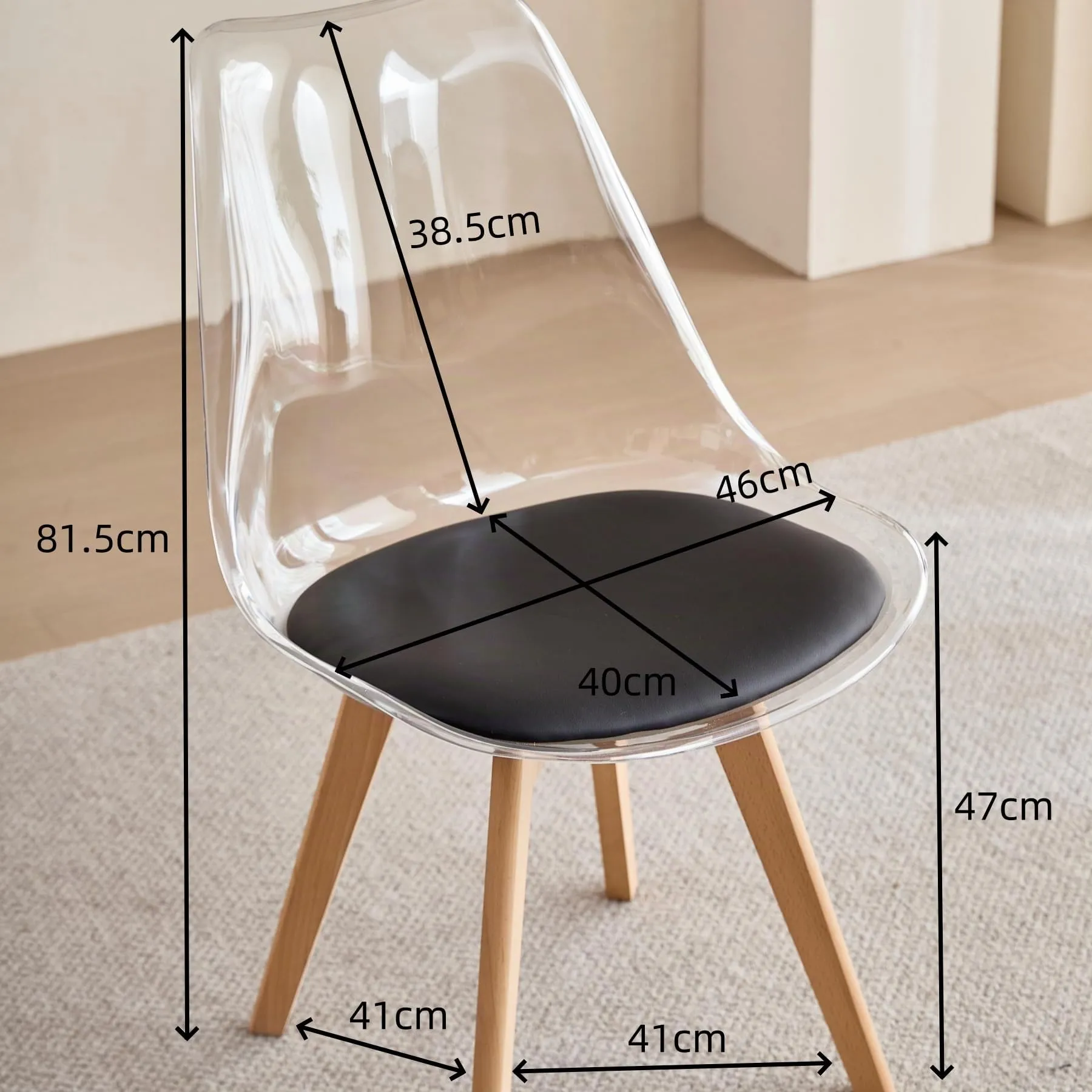JZGORC Set di 6 Sedie da Pranzo con Schienale Trasparente e Gambe in Faggio, Pelle PU Nero - immagine 3