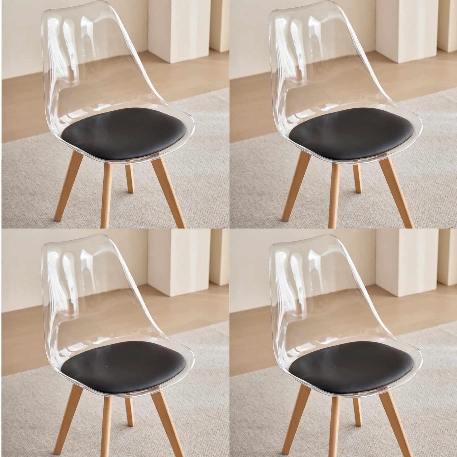 JZGORC Set di 4 Sedie da Pranzo con Schienale Trasparente, Gambe in Faggio e Cuscino in Pelle PU Nero - immagine 1