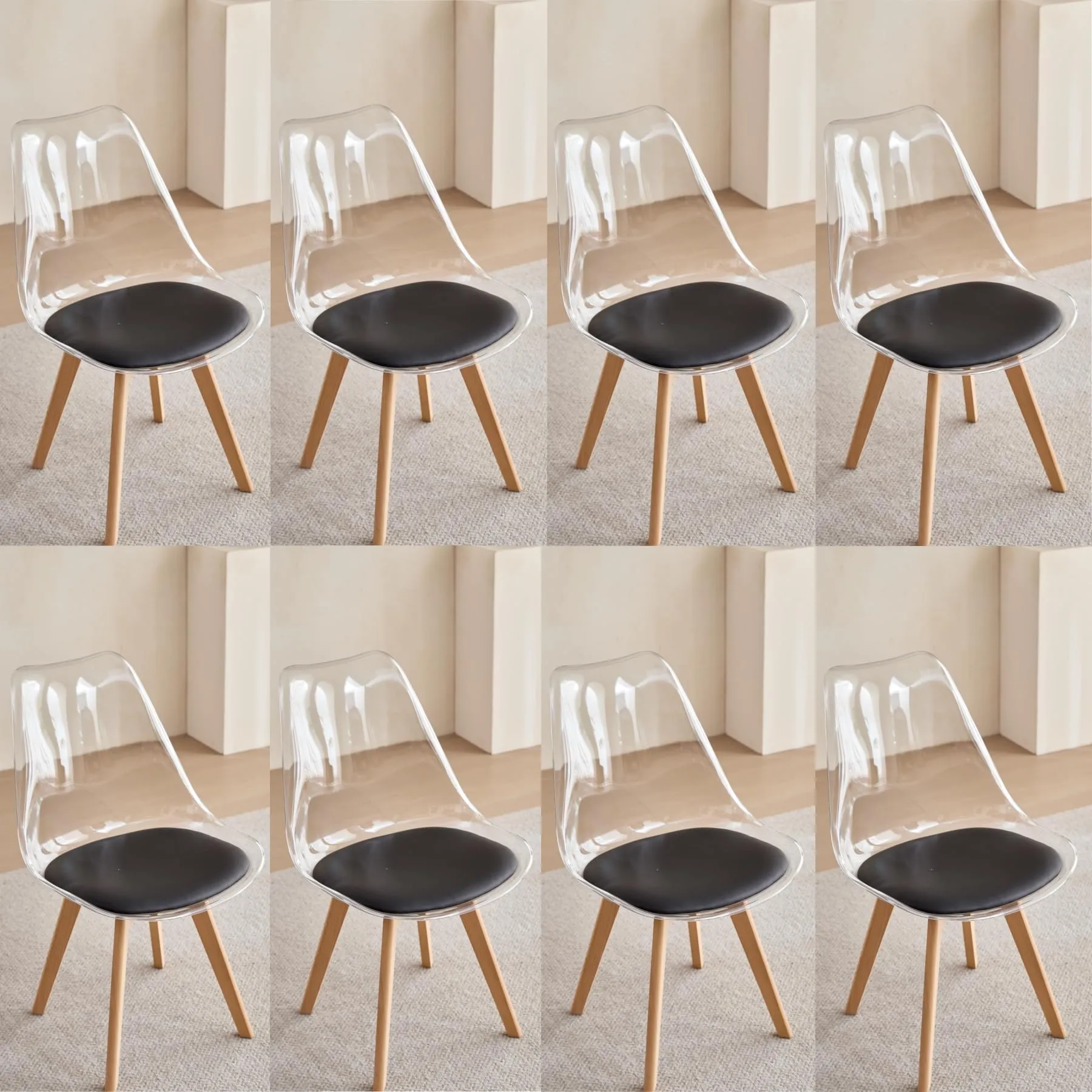 JZGORC Set di 8 Sedie da Pranzo con Schienale Trasparente e Gambe in Faggio, Pelle PU Nero - immagine 1