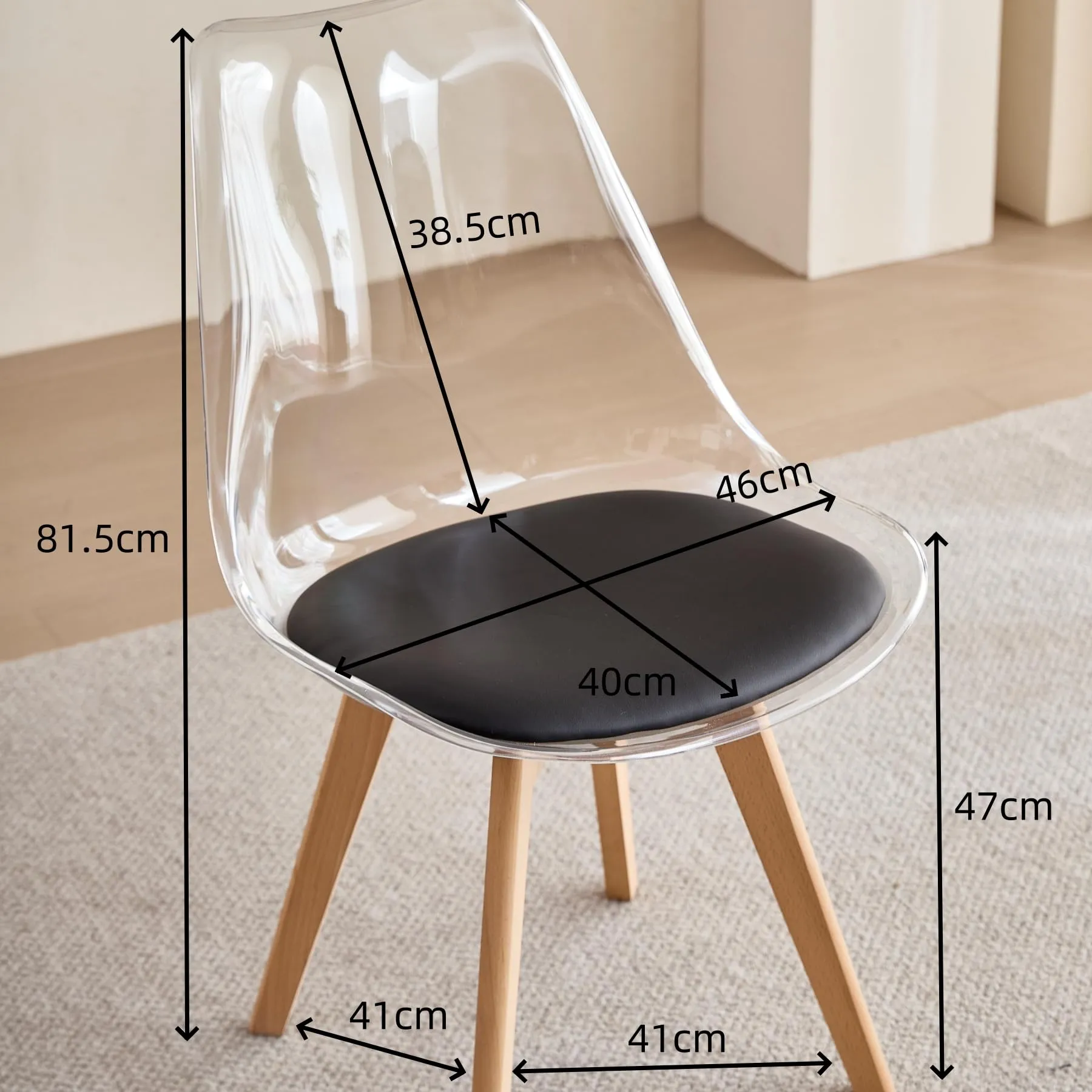 JZGORC Set di 8 Sedie da Pranzo con Schienale Trasparente e Gambe in Faggio, Pelle PU Nero - immagine 3