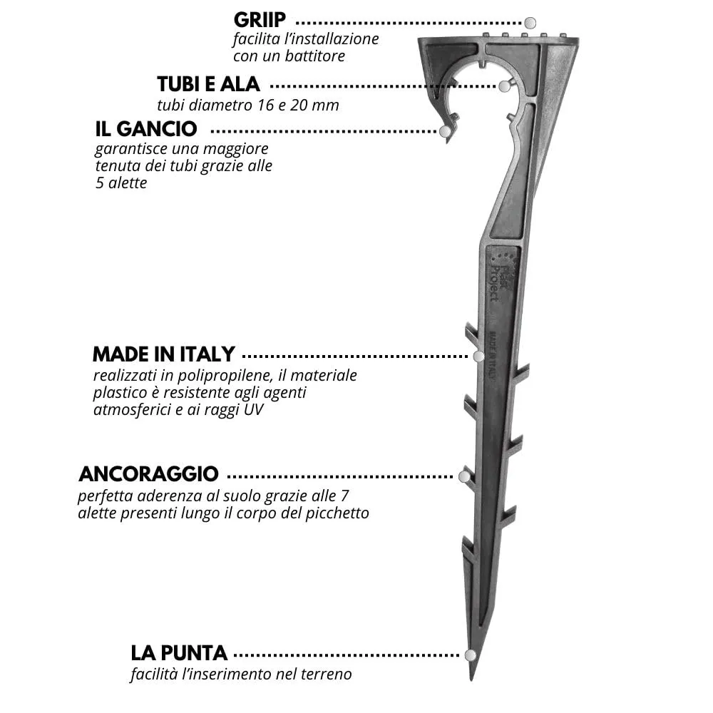 DI GIULIO SRL Picchetti di Ancoraggio per Tubo Irrigazione a Goccia 16-20 mm, Plastica Nero, Made in Italy (50 pezzi) - immagine 4