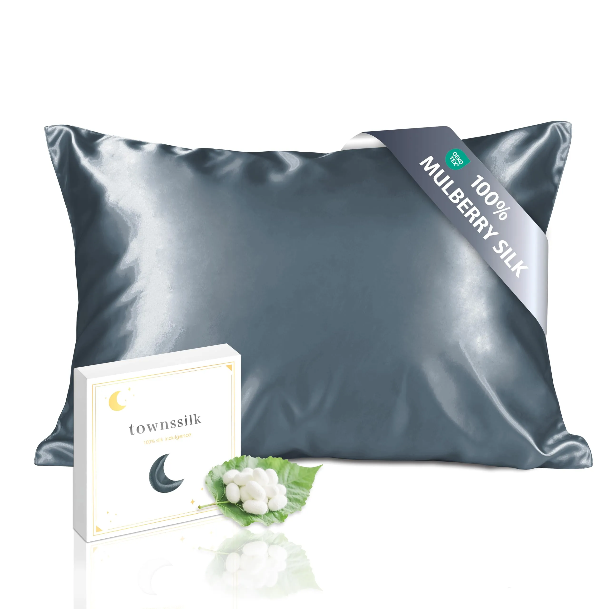 townssilk Federa per Cuscino in Seta di Gelso, 19 Momme, 40x80cm, Blu Grigio - immagine 1