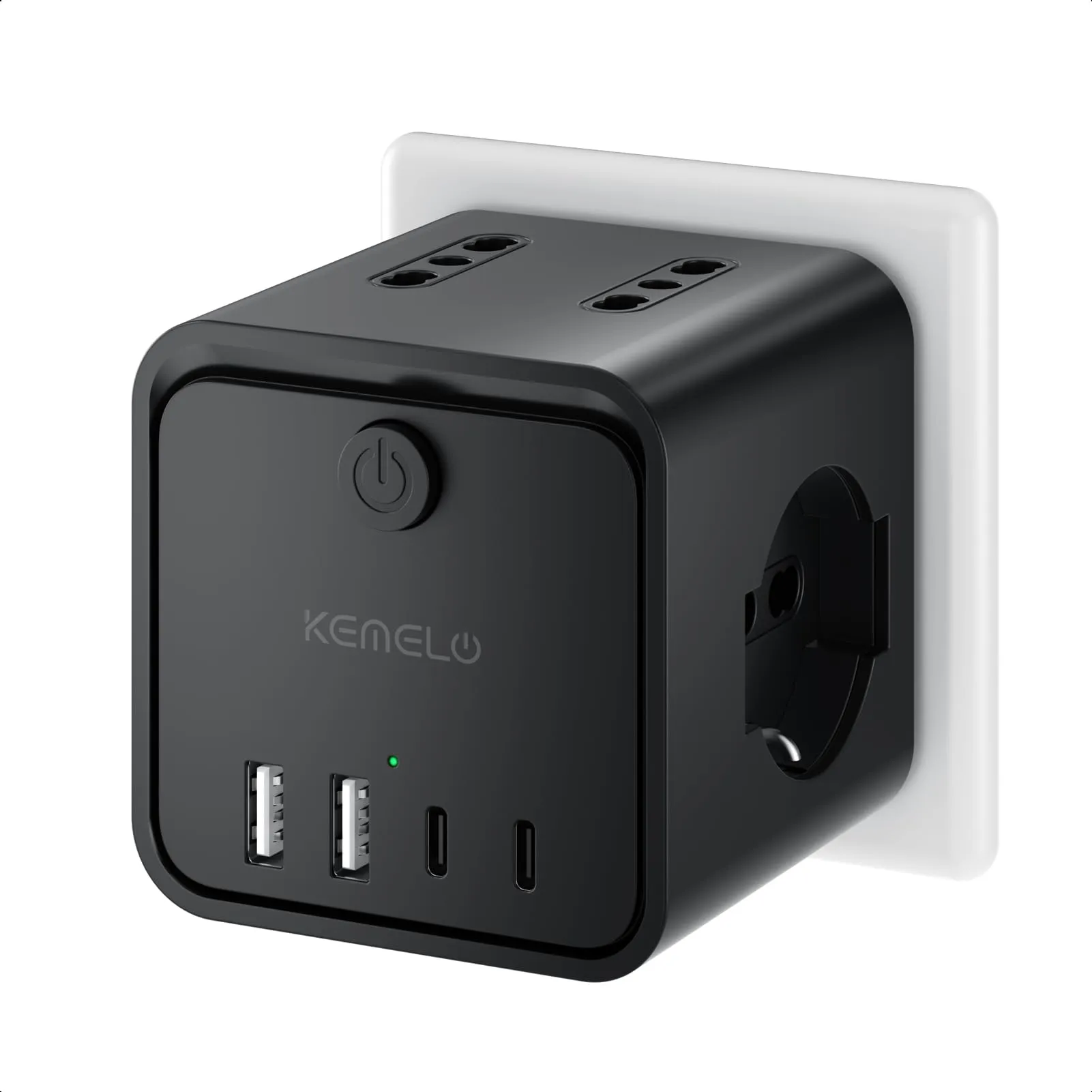 KEMELO Ciabatta Multipresa con 4 Prese Universali ITA/Schuko, 2 USB-A e 2 USB-C, Spina Piatta Salvaspazio con Interruttore, Nero - immagine 1
