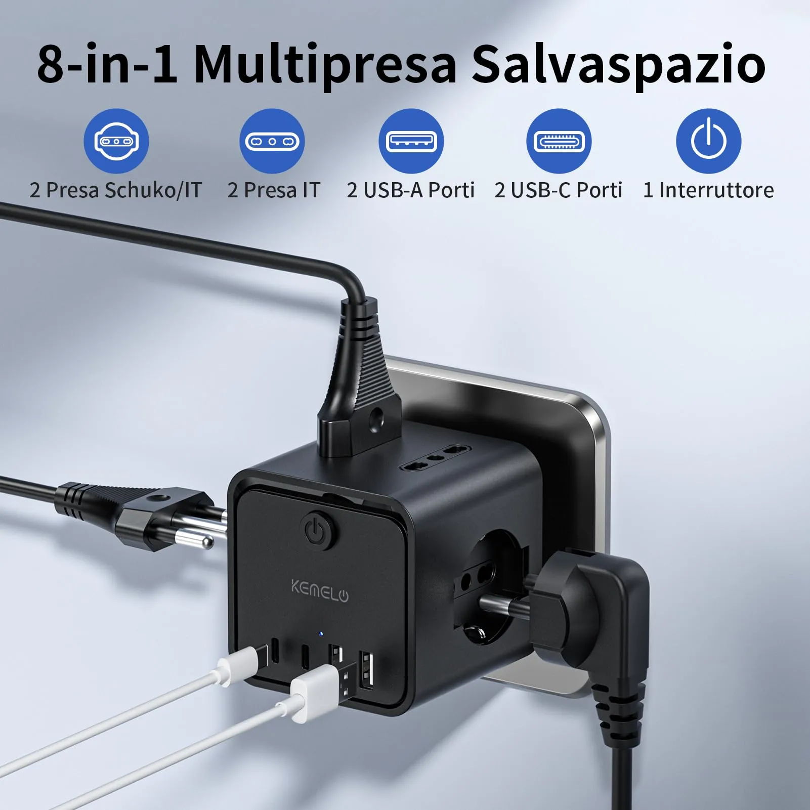 KEMELO Ciabatta Multipresa con 4 Prese Universali ITA/Schuko, 2 USB-A e 2 USB-C, Spina Piatta Salvaspazio con Interruttore, Nero - immagine 2