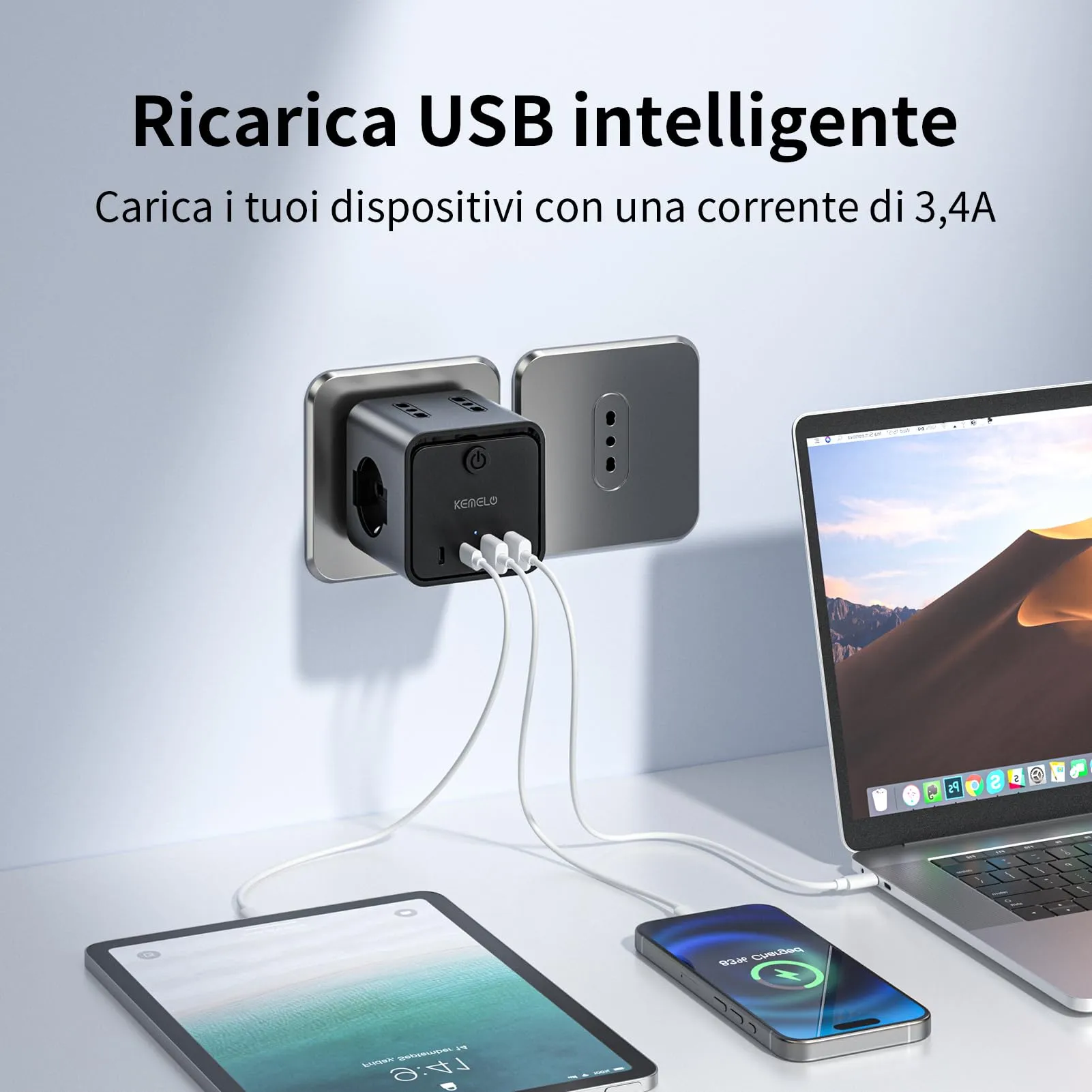 KEMELO Ciabatta Multipresa con 4 Prese Universali ITA/Schuko, 2 USB-A e 2 USB-C, Spina Piatta Salvaspazio con Interruttore, Nero - immagine 3