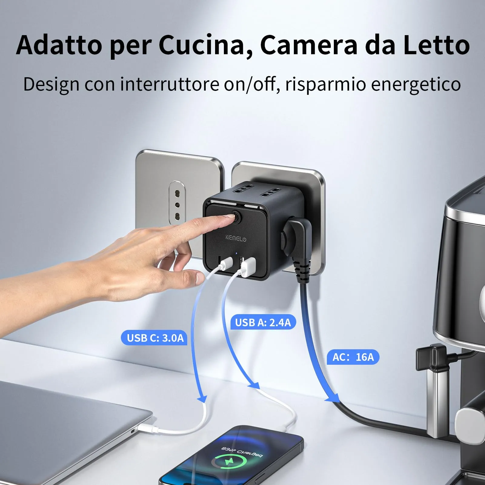 KEMELO Ciabatta Multipresa con 4 Prese Universali ITA/Schuko, 2 USB-A e 2 USB-C, Spina Piatta Salvaspazio con Interruttore, Nero - immagine 4