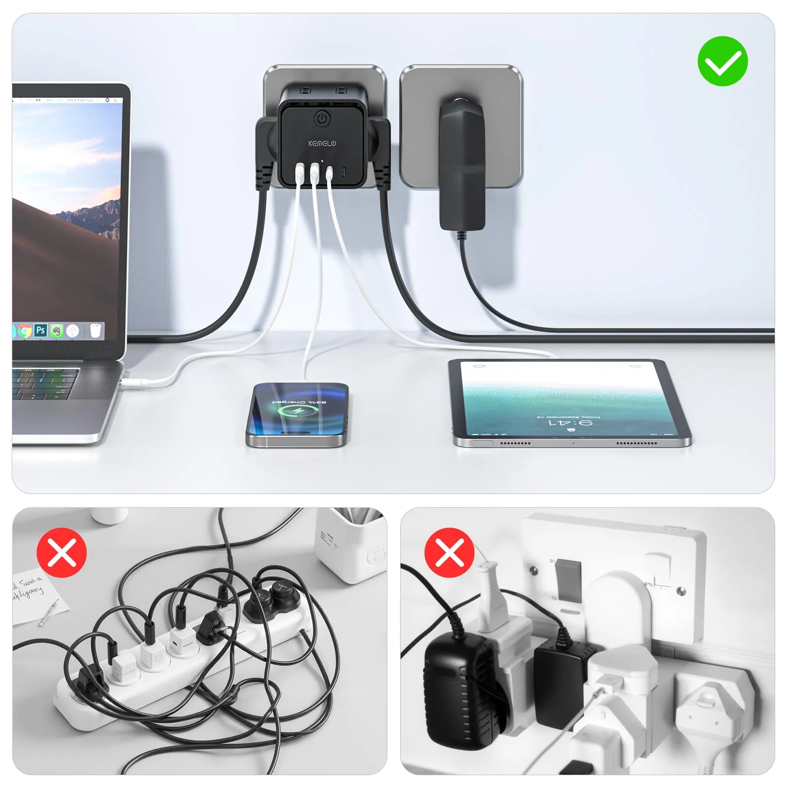 KEMELO Ciabatta Multipresa con 4 Prese Universali ITA/Schuko, 2 USB-A e 2 USB-C, Spina Piatta Salvaspazio con Interruttore, Nero - immagine 5