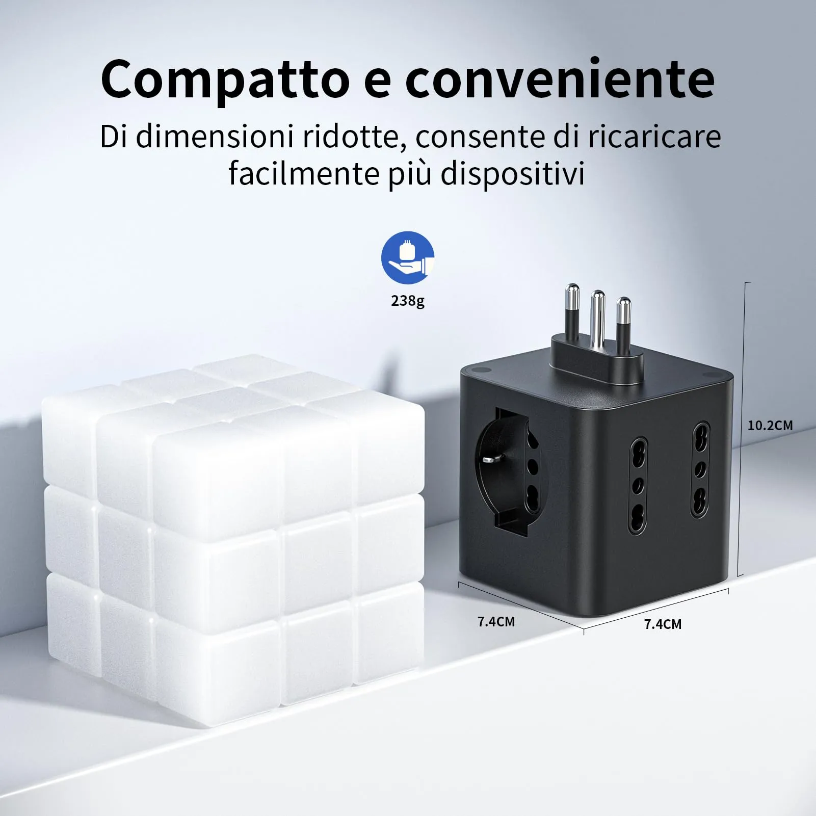 KEMELO Ciabatta Multipresa con 4 Prese Universali ITA/Schuko, 2 USB-A e 2 USB-C, Spina Piatta Salvaspazio con Interruttore, Nero - immagine 6