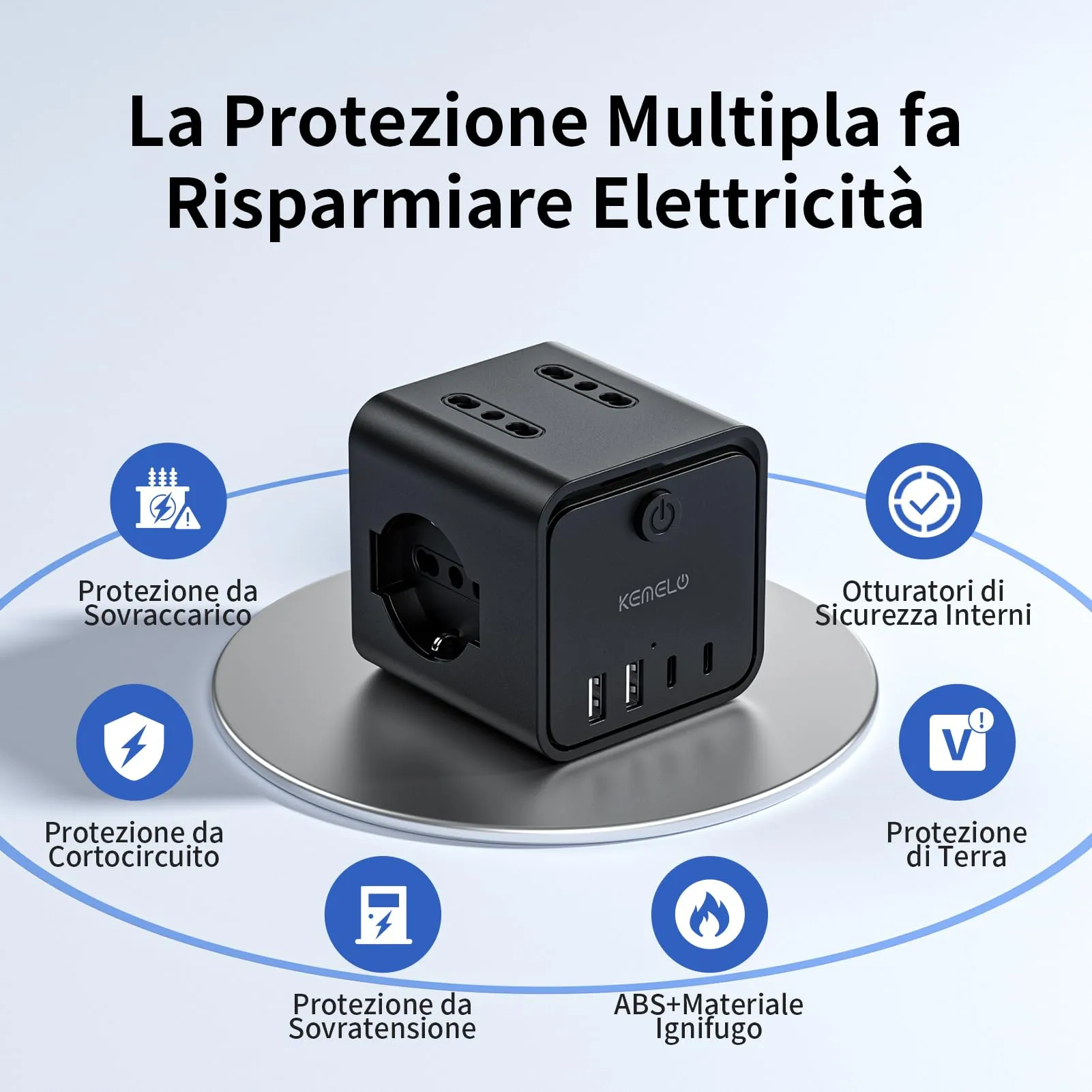 KEMELO Ciabatta Multipresa con 4 Prese Universali ITA/Schuko, 2 USB-A e 2 USB-C, Spina Piatta Salvaspazio con Interruttore, Nero - immagine 7