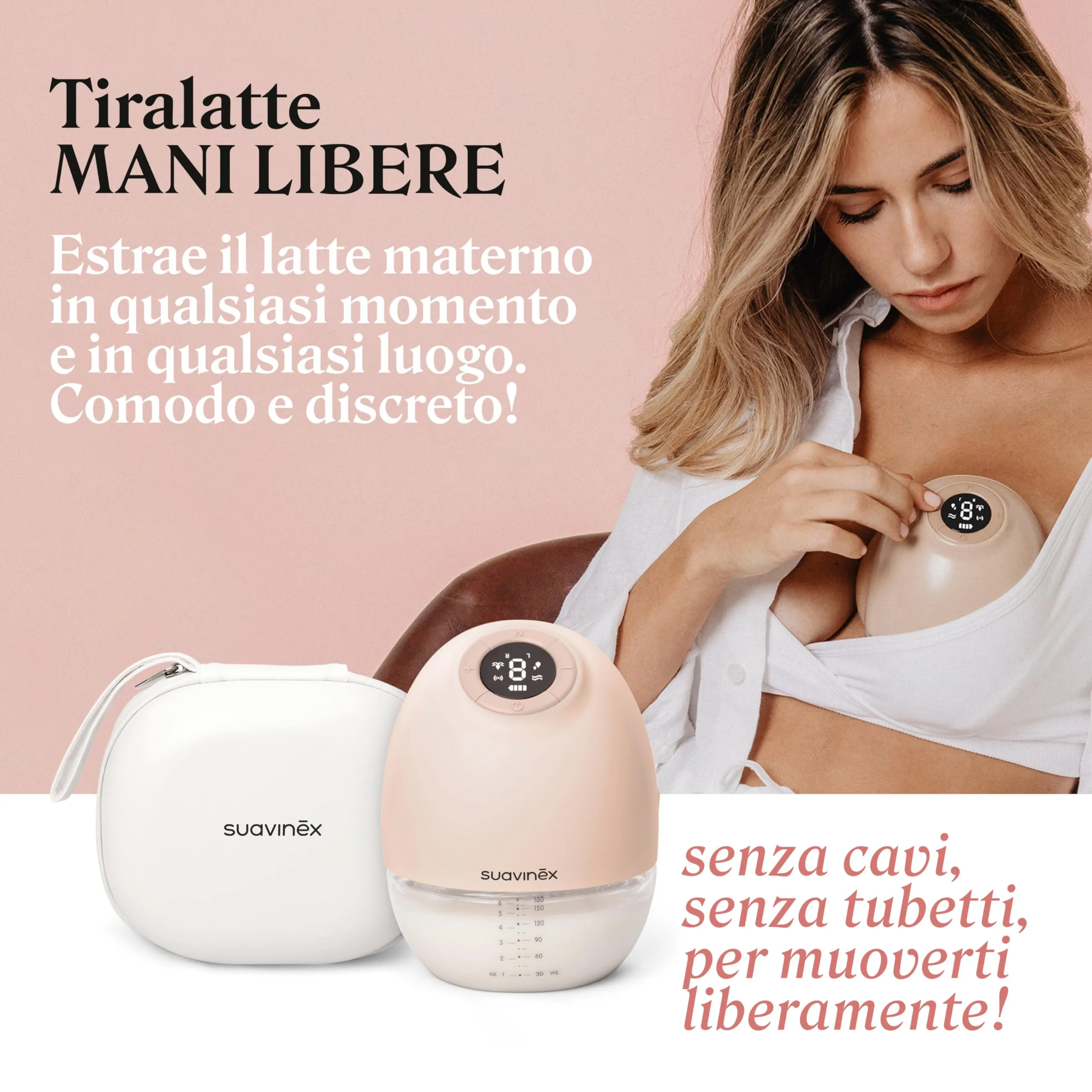 Suavinex Tiralatte Portatile a Mani Libere, Senza Fili, 3 Modalità, 9 Intensità di Aspirazione, Serbatoio da 180 ml - immagine 4