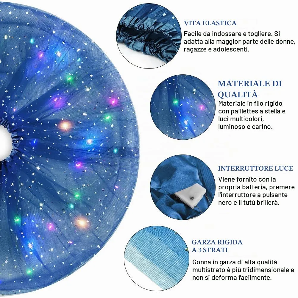 AYBUY Gonna Tutù a 3 Strati con Luci LED, Blu Reale - immagine 4