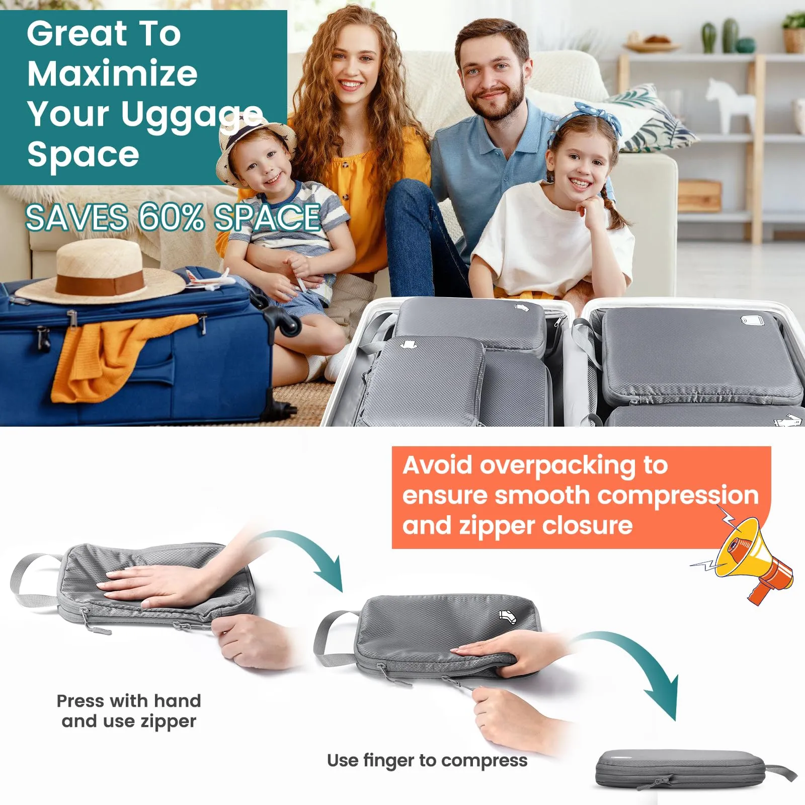 Samfolk Packing Cubes Compression, 8 pezzi Organizzatore per Valigie, Impermeabili, Grigio - immagine 3