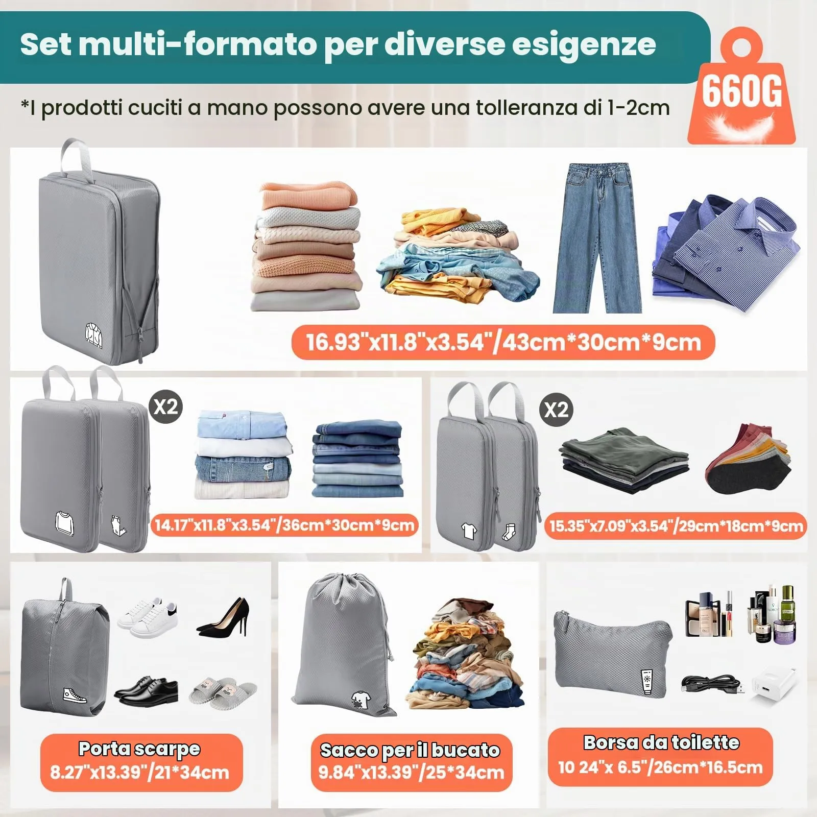 Samfolk Packing Cubes Compression, 8 pezzi Organizzatore per Valigie, Impermeabili, Grigio - immagine 6