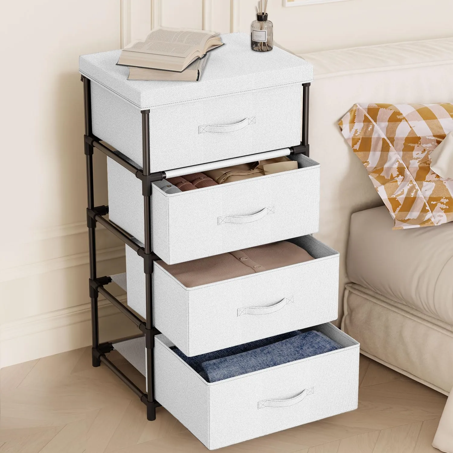 WANGIRL Cassettiera in Tessuto e Metallo, 4 Cassetti, Bianco - immagine 2
