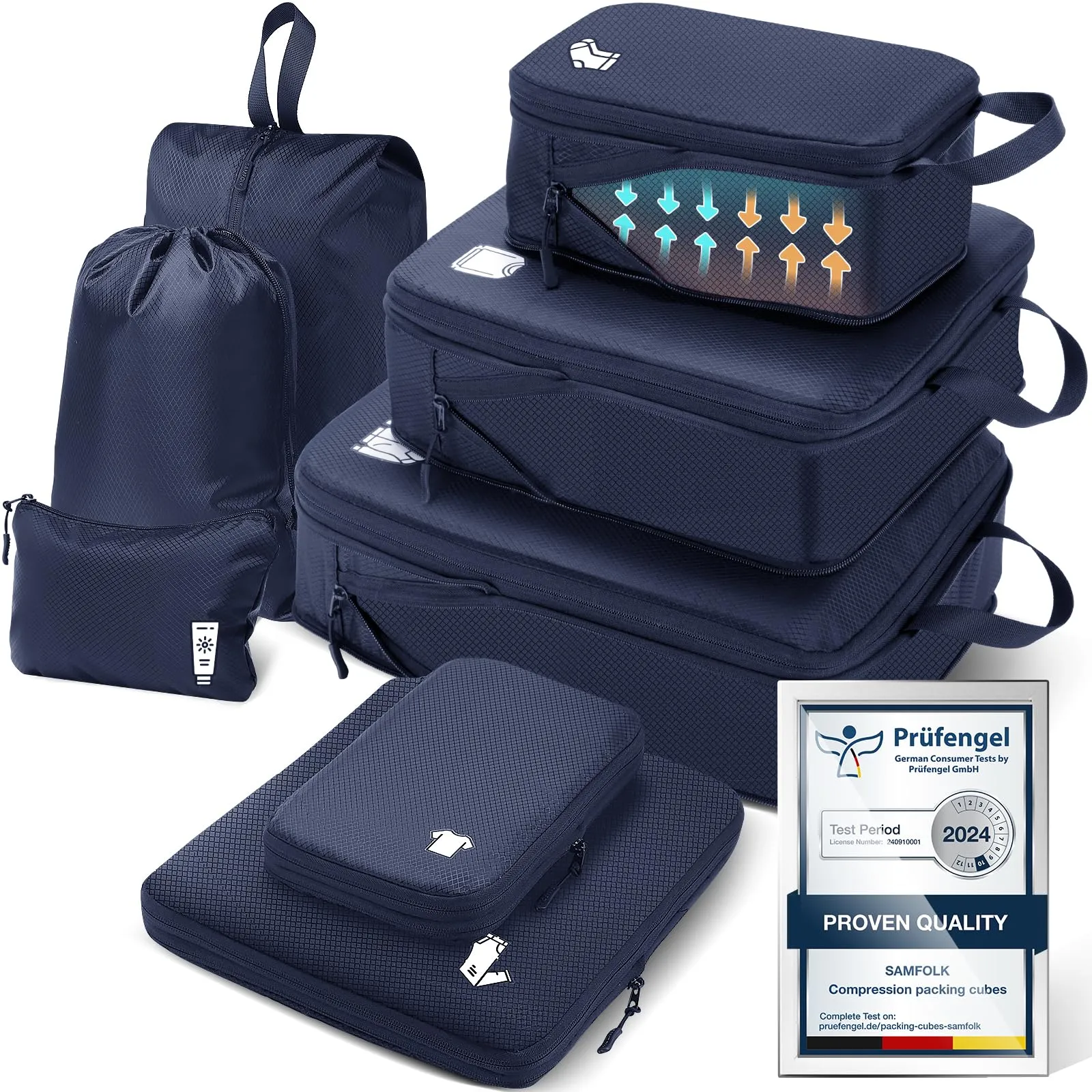 Samfolk Packing Cubes Compression Set, 8 Pieces, Waterproof, Blue - immagine 1