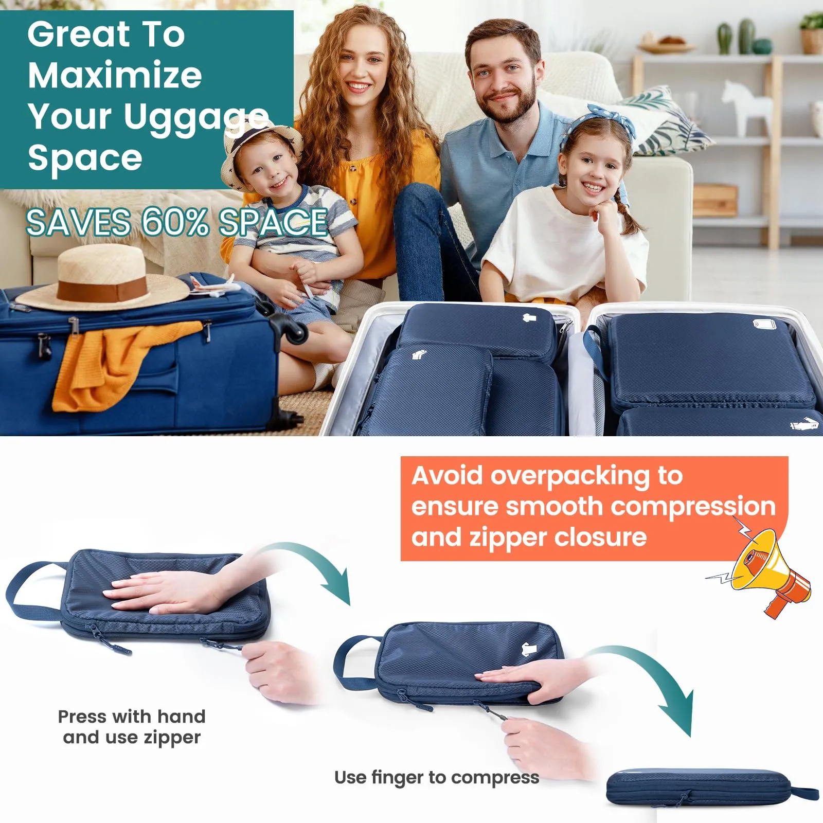 Samfolk Packing Cubes Compression Set, 8 Pieces, Waterproof, Blue - immagine 3