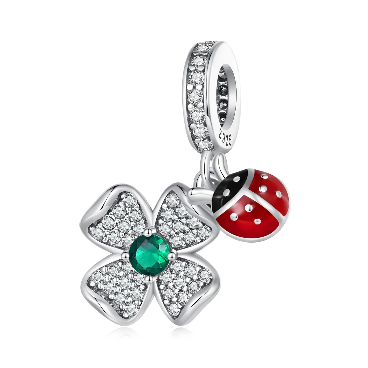 NINGAN 925 Argento Sterlina Ciondolo Quadrifoglio e Coccinella con Perla e Zirconio 5A per Bracciale e Collana - immagine 1