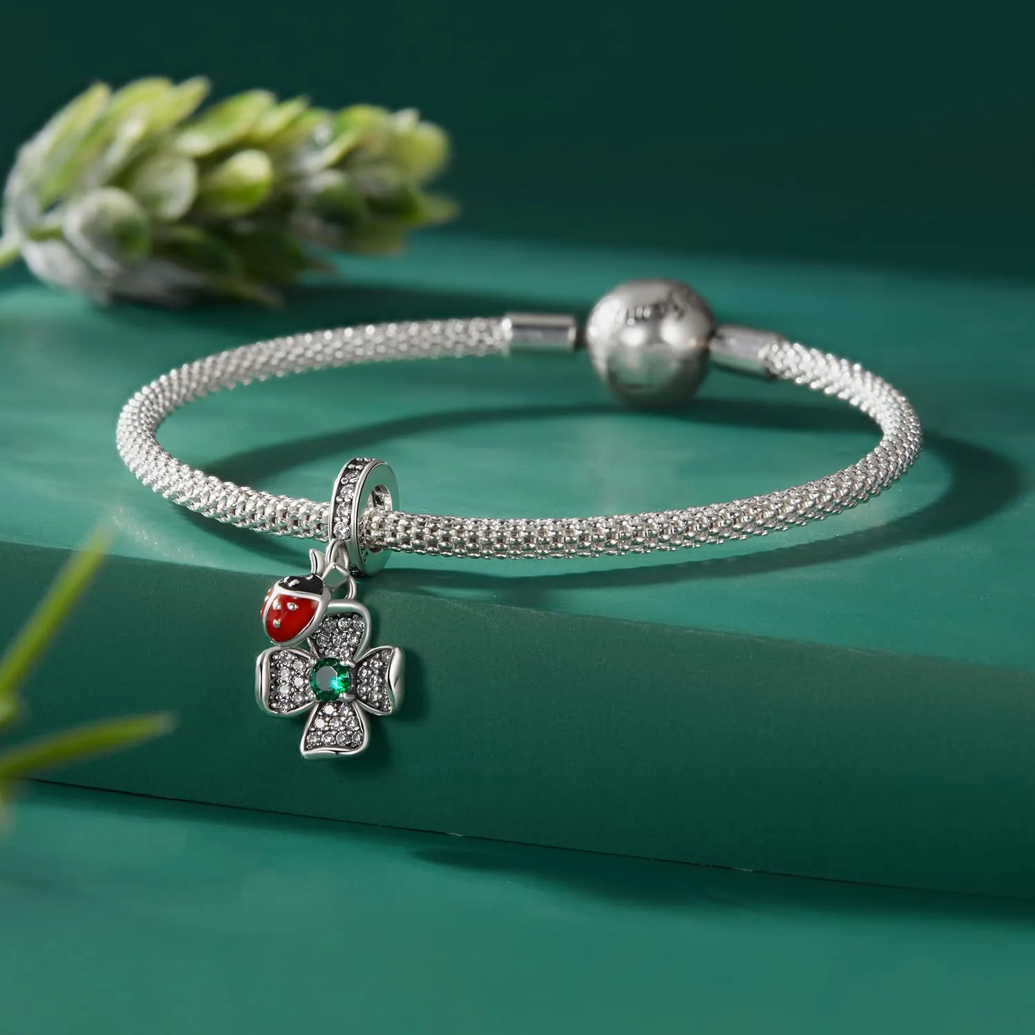 NINGAN 925 Argento Sterlina Ciondolo Quadrifoglio e Coccinella con Perla e Zirconio 5A per Bracciale e Collana - immagine 2