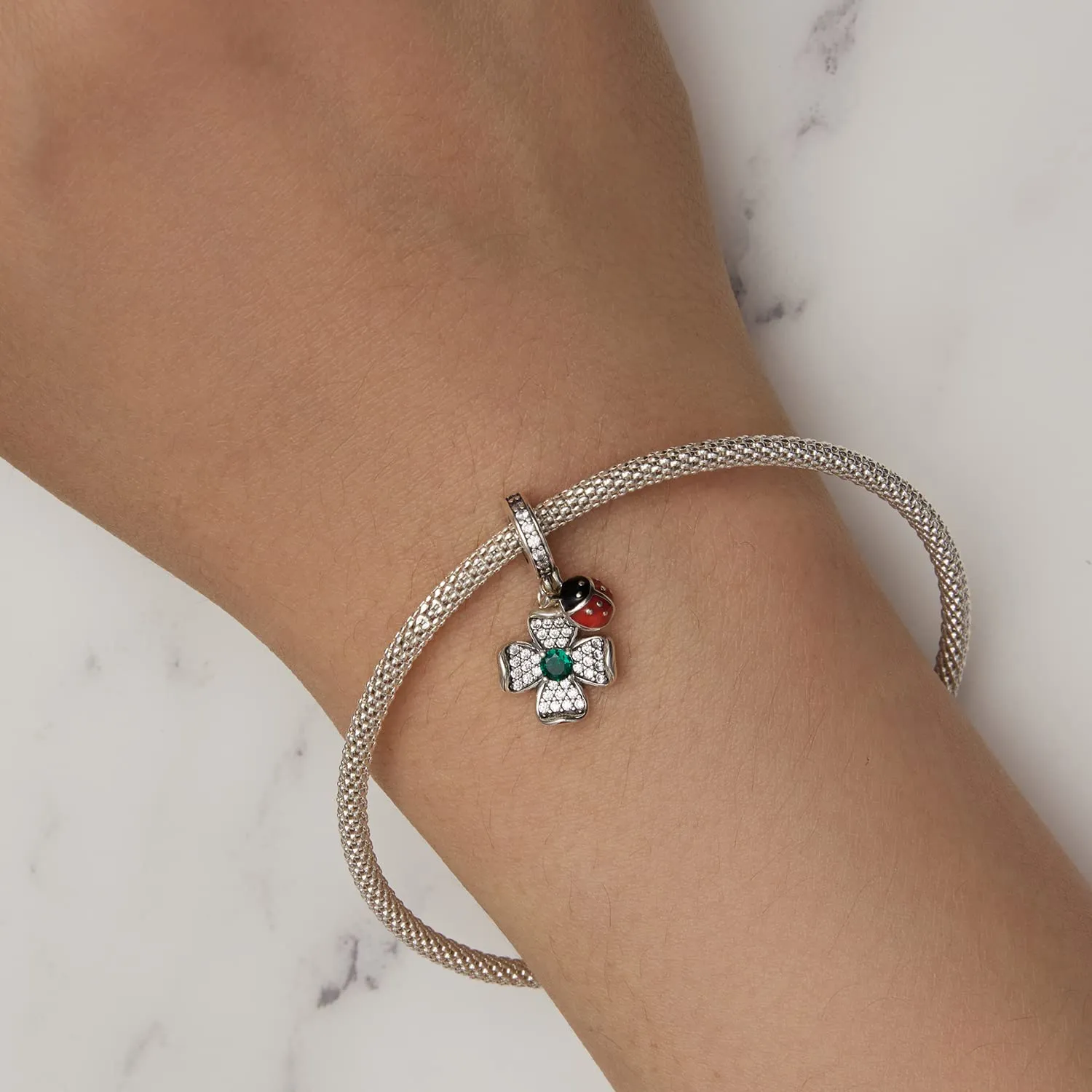 NINGAN 925 Argento Sterlina Ciondolo Quadrifoglio e Coccinella con Perla e Zirconio 5A per Bracciale e Collana - immagine 4