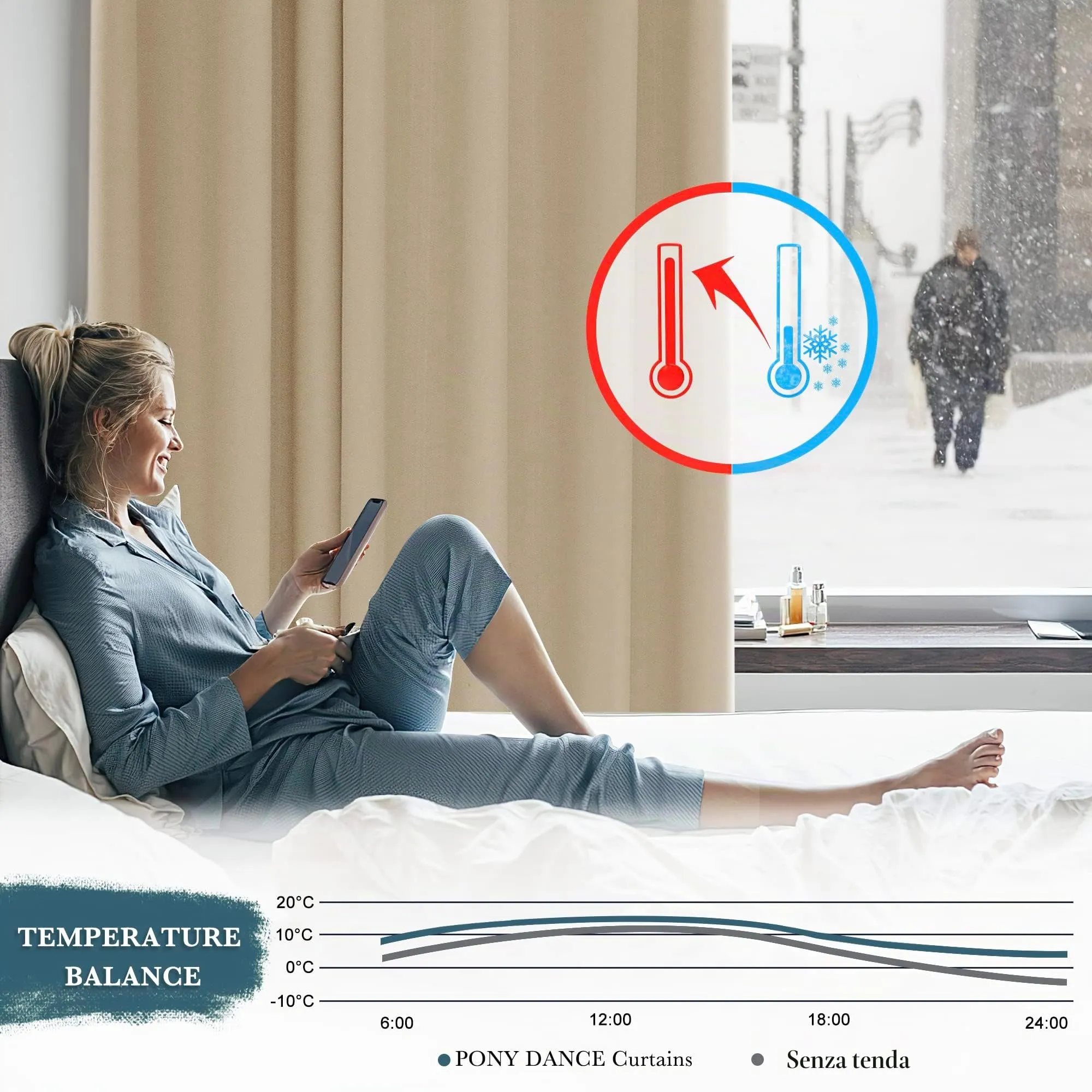 PONY DANCE Tenda Oscurante Termica Isolante Separa Ambienti con Anelli, 457x243 cm, 1 Pannello, Beige - immagine 5
