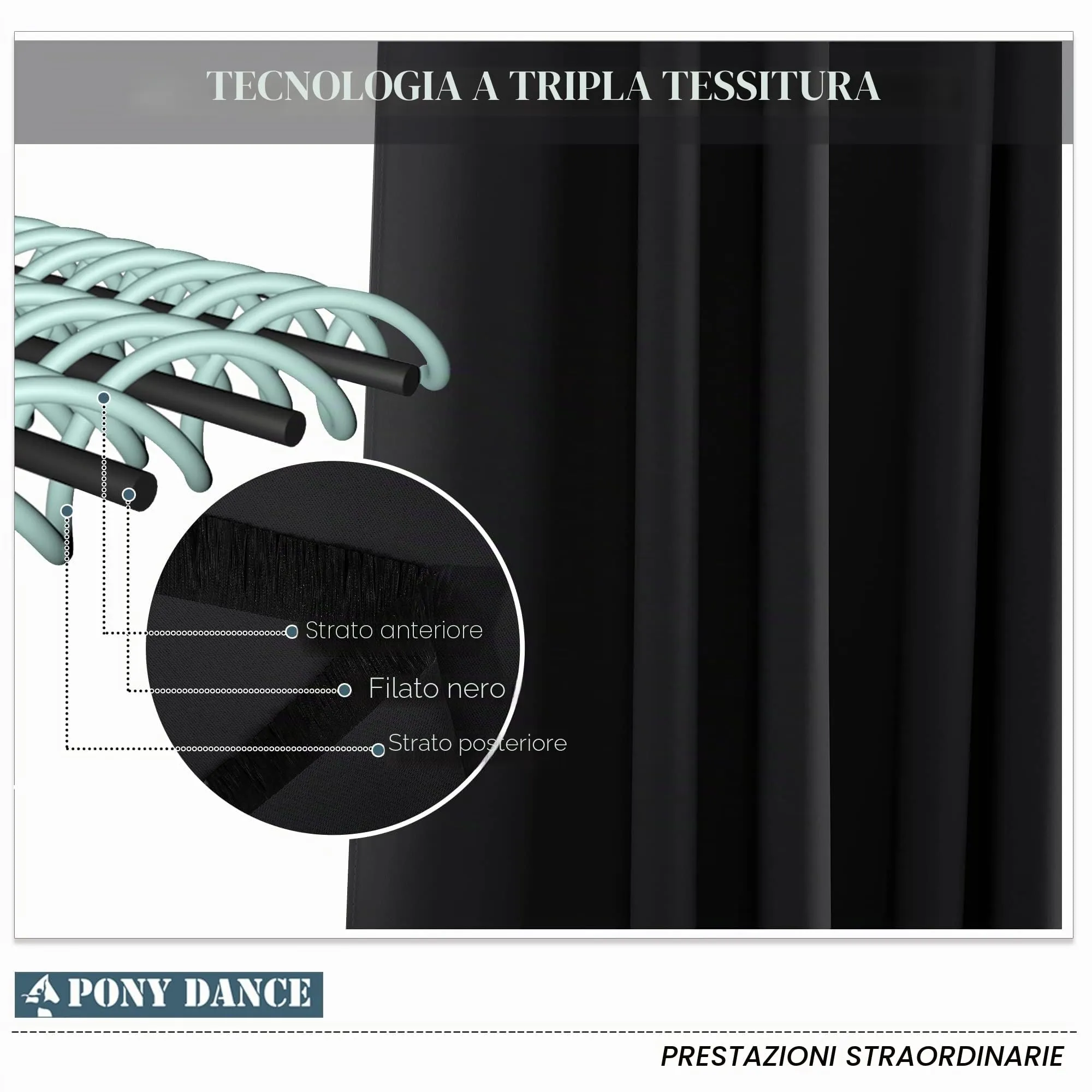 PONY DANCE Tenda Corta Oscurante Termica da Interno, Nero, 132 x 158 cm (1 Pannello) - immagine 5