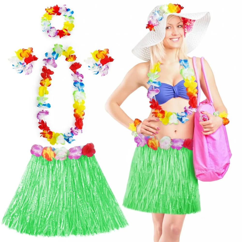 Aomig Set Gonna Hawaiana a Fiori con Fascia e Ghirlande, 5 Pezzi, 40/60 cm, Verde - immagine 1