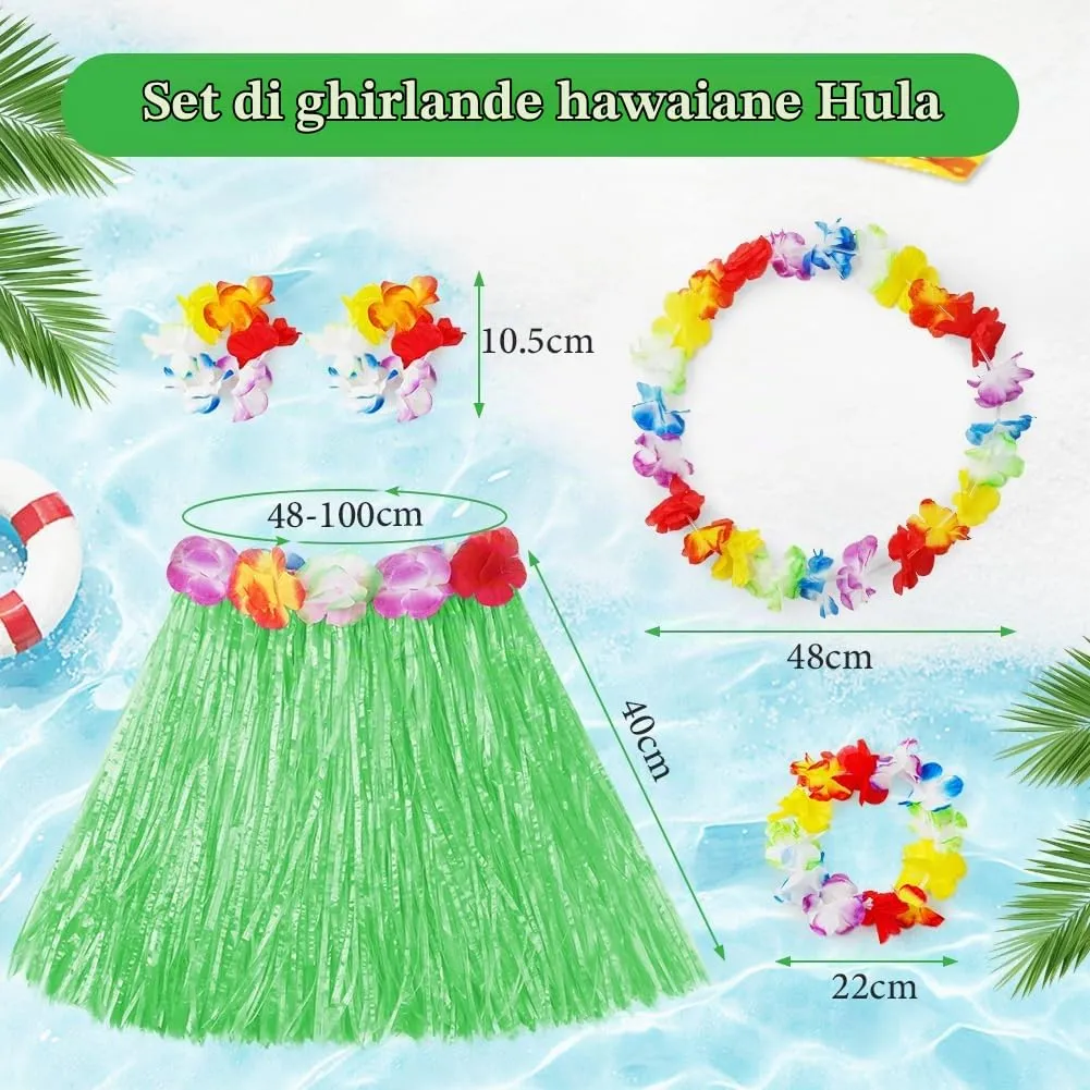 Aomig Set Gonna Hawaiana a Fiori con Fascia e Ghirlande, 5 Pezzi, 40/60 cm, Verde - immagine 2