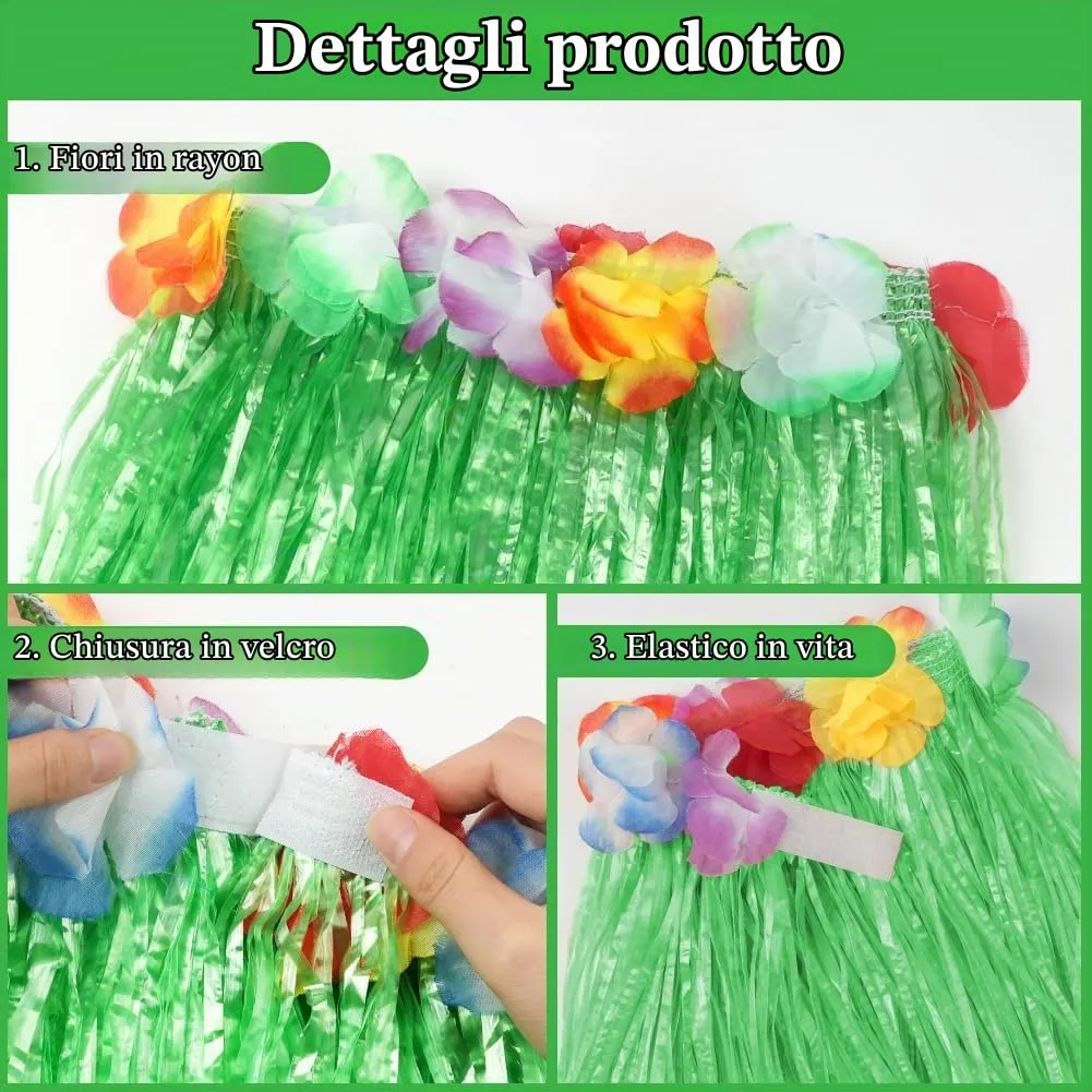 Aomig Set Gonna Hawaiana a Fiori con Fascia e Ghirlande, 5 Pezzi, 40/60 cm, Verde - immagine 3