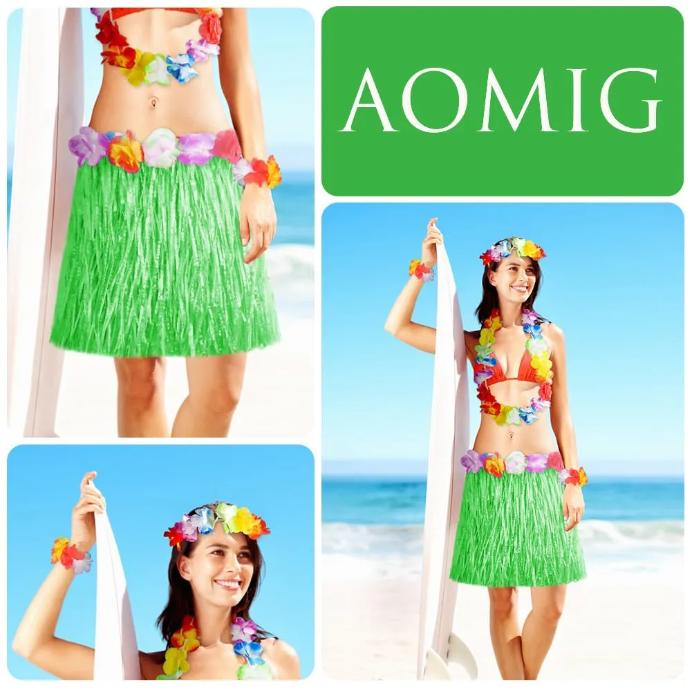 Aomig Set Gonna Hawaiana a Fiori con Fascia e Ghirlande, 5 Pezzi, 40/60 cm, Verde - immagine 4