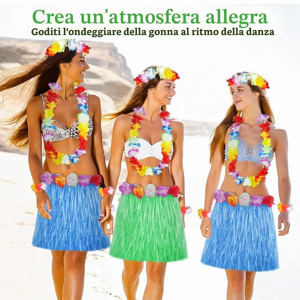 Aomig Set Gonna Hawaiana a Fiori con Fascia e Ghirlande, 5 Pezzi, 40/60 cm, Verde - immagine 5