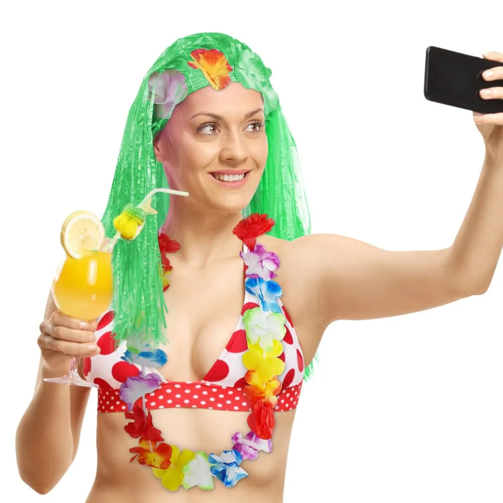 Aomig Set Gonna Hawaiana a Fiori con Fascia e Ghirlande, 5 Pezzi, 40/60 cm, Verde - immagine 9