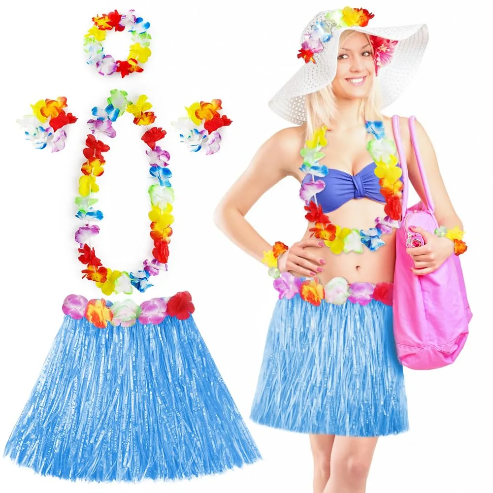 Aomig Set Gonna Hawaiana a Fiori con Fascia e Ghirlande, 5 Pezzi, 40/60 cm per Bambini e Adulti - immagine 1