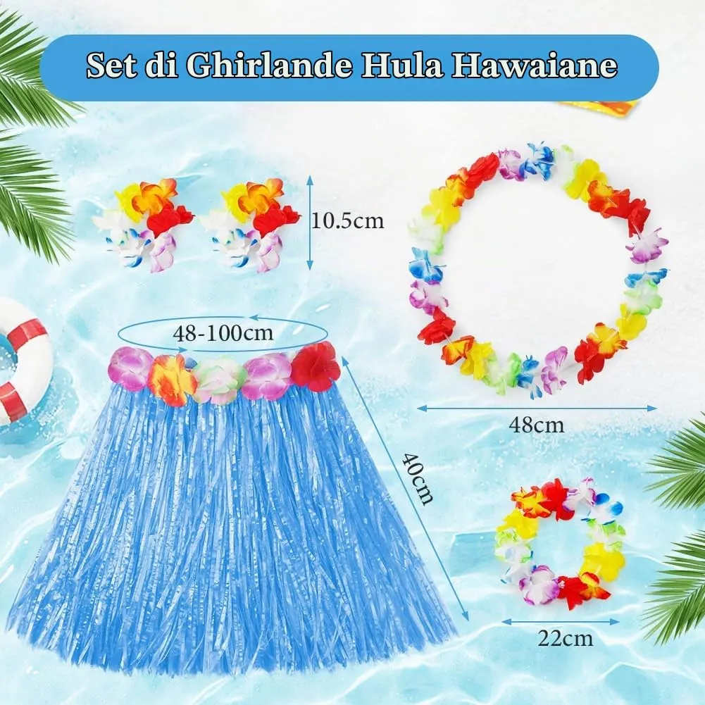 Aomig Set Gonna Hawaiana a Fiori con Fascia e Ghirlande, 5 Pezzi, 40/60 cm per Bambini e Adulti - immagine 2