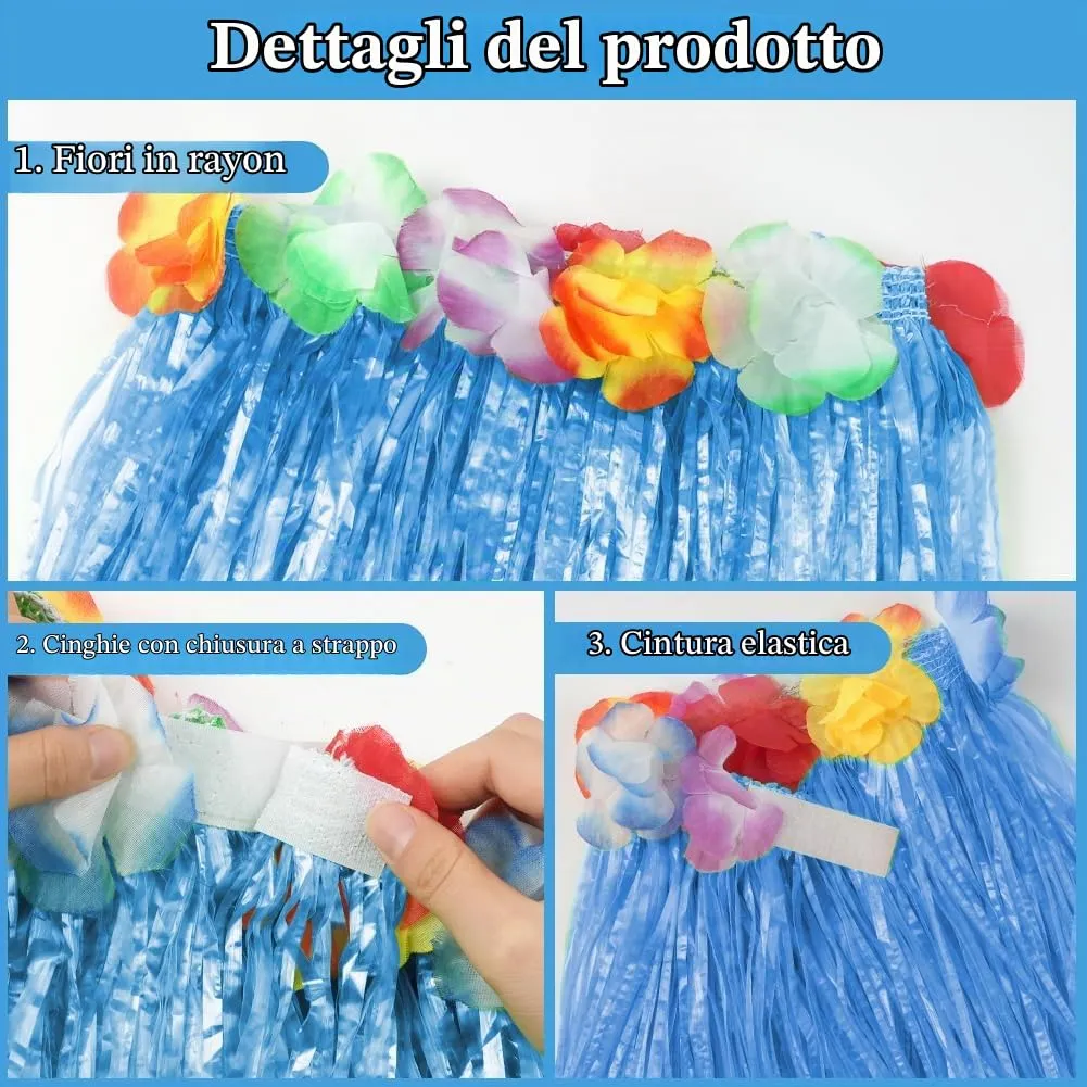 Aomig Set Gonna Hawaiana a Fiori con Fascia e Ghirlande, 5 Pezzi, 40/60 cm per Bambini e Adulti - immagine 3