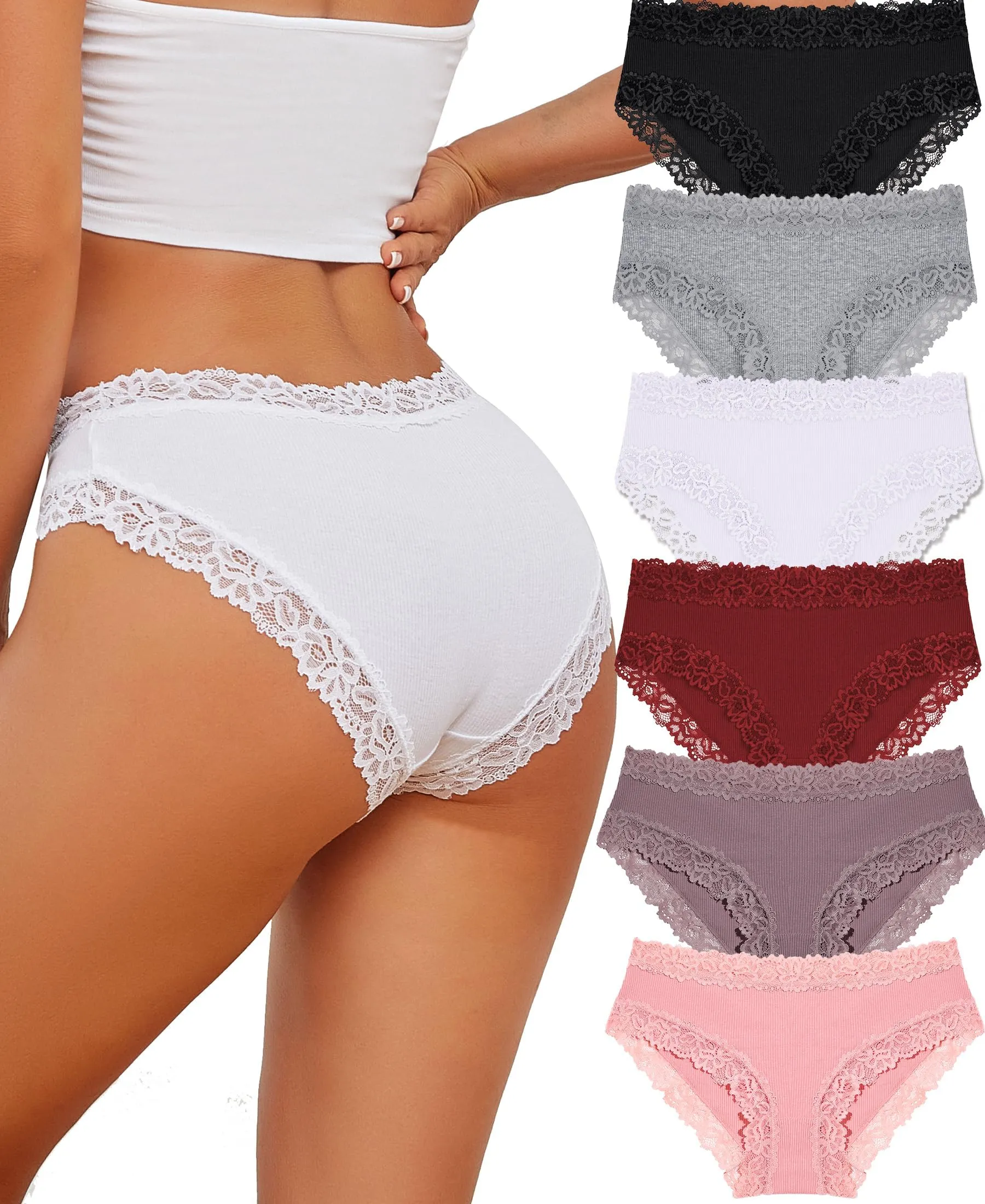 ALL OF SHE Biancheria Intima da Donna in Cotone, Slip Brasiliani e Hipster in Pizzo, Set da 6 Pezzi, Taglia S - immagine 1