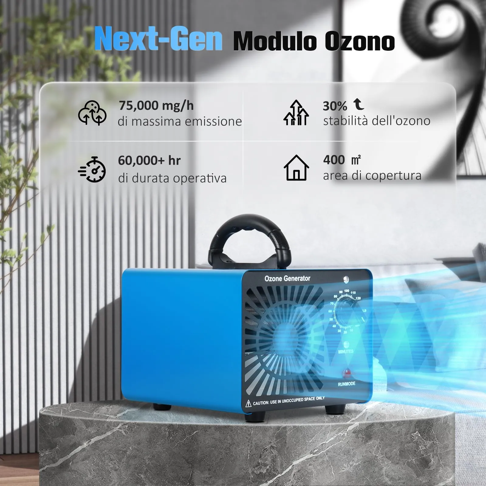 GMGXX Generatore di Ozono Professionale 75000mg/H OG-75, Ozonizzatore Purificatore d'Aria per Casa e Auto, Timer 120 Min, Blu - immagine 2