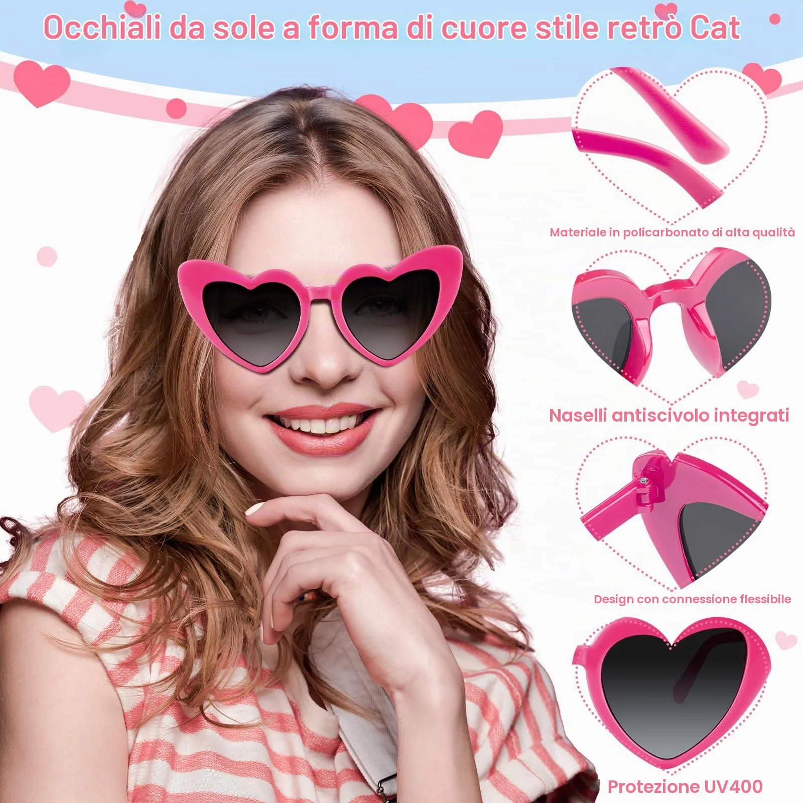 BOUBONI Occhiali da sole a forma di cuore vintage, Rosso - immagine 3