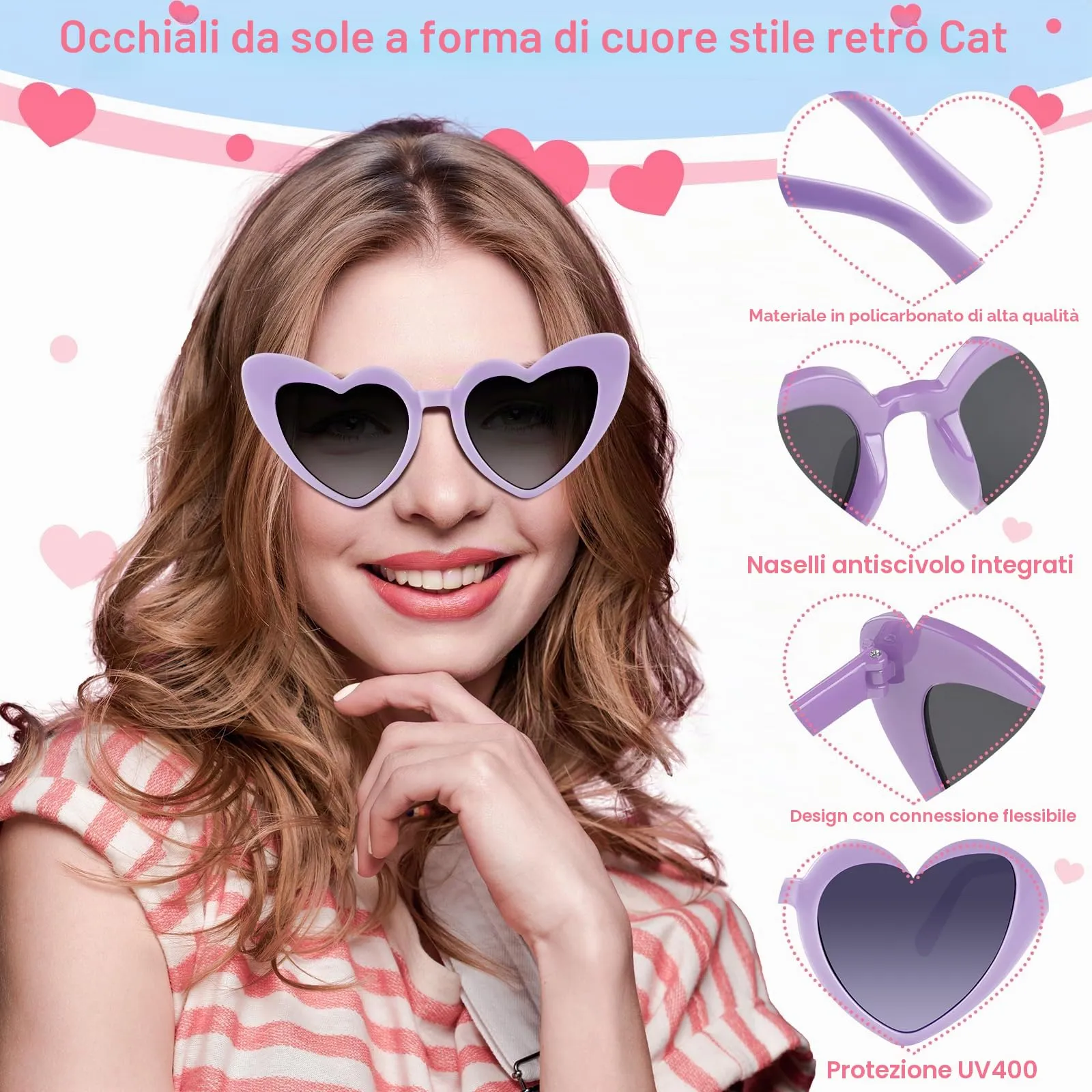 BOUBONI Occhiali da sole a forma di cuore vintage, Viola - immagine 3