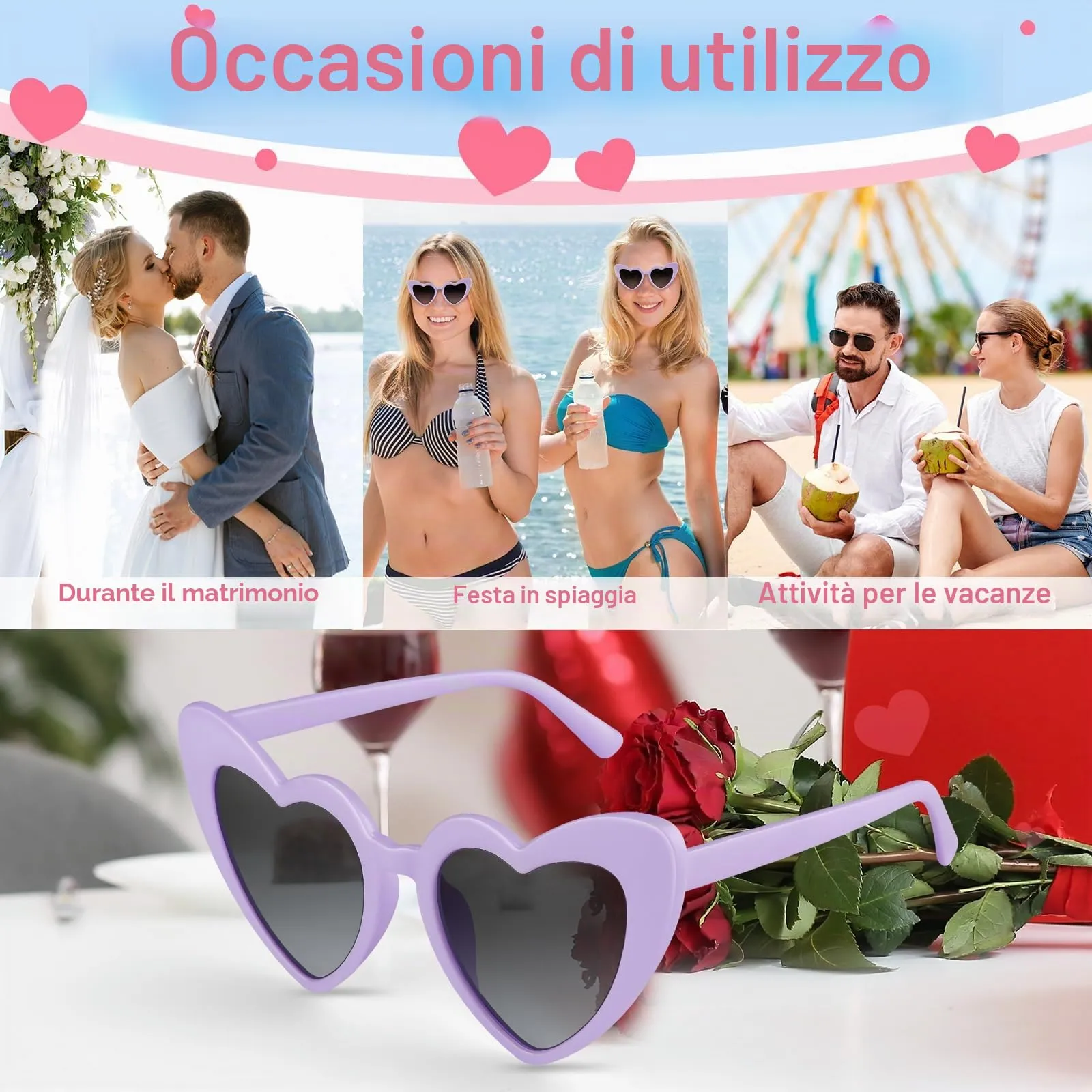 BOUBONI Occhiali da sole a forma di cuore vintage, Viola - immagine 4