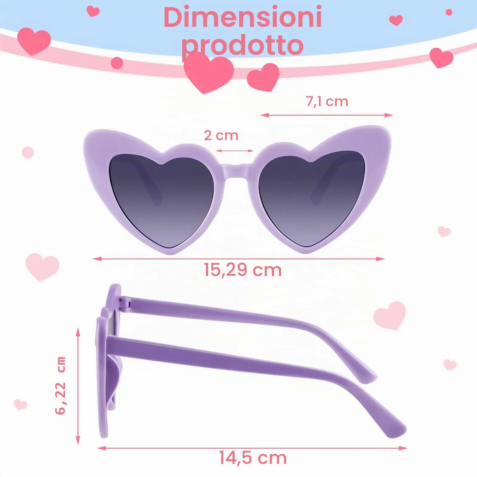 BOUBONI Occhiali da sole a forma di cuore vintage per donne, Lilla, 15.3cm - immagine 2